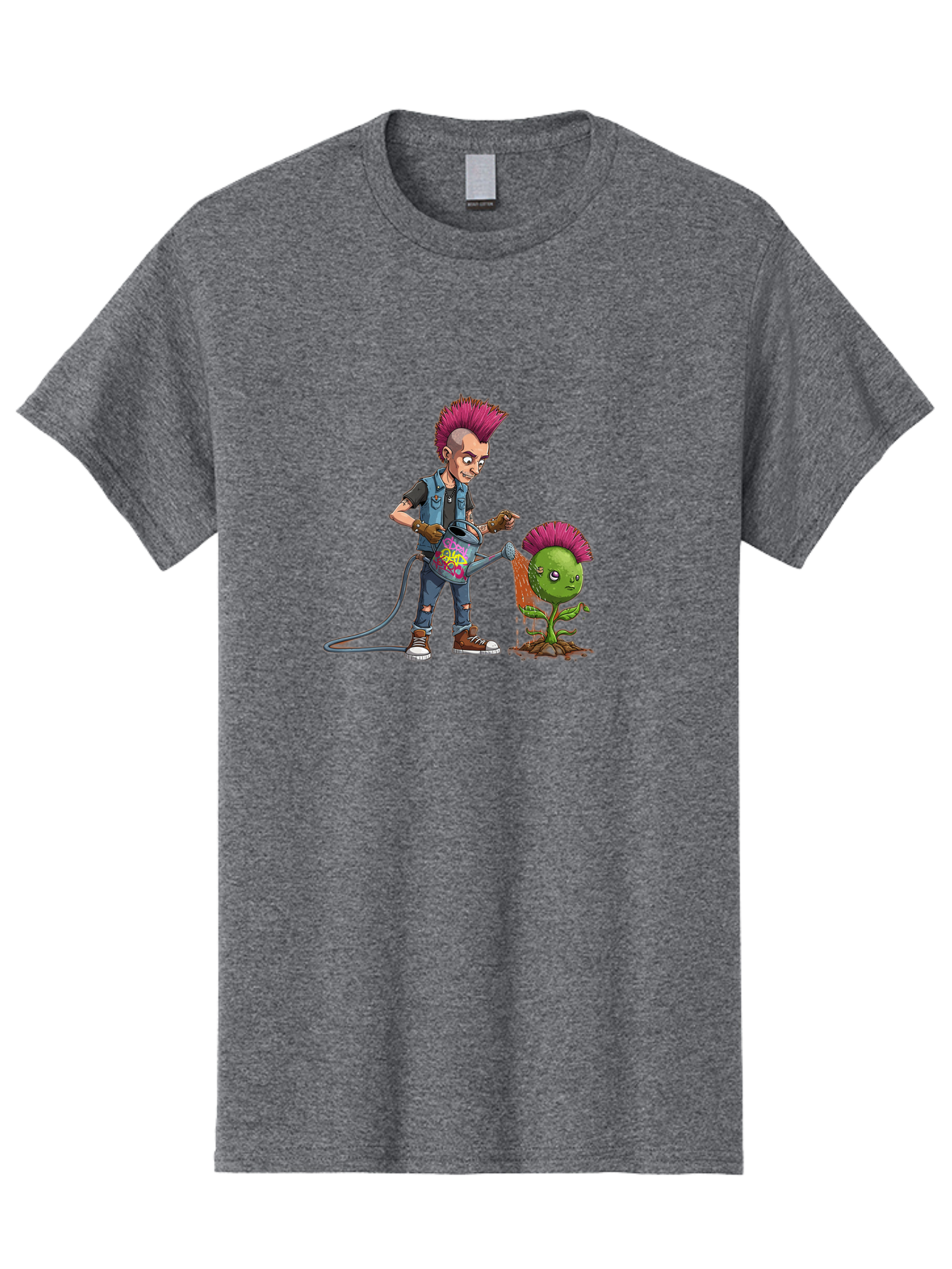 Punk-Watering-Plant Men'S Graphic Tee, 100% Cotton, Comfortable Casual Summer Wear, Machine Washable, Punk Rock Character, Mohawk Hairstyle, Watering Can, Graffiti Art, Punk Plant, Urban Gardening, Street Culture, Vibrant Colors, Bab260