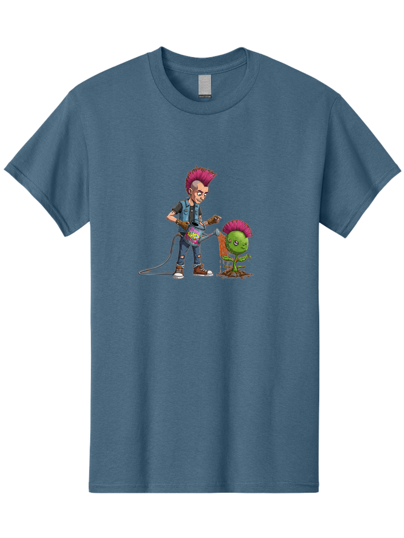 Punk-Watering-Plant Men'S Graphic Tee, 100% Cotton, Comfortable Casual Summer Wear, Machine Washable, Punk Rock Character, Mohawk Hairstyle, Watering Can, Graffiti Art, Punk Plant, Urban Gardening, Street Culture, Vibrant Colors, Bab260