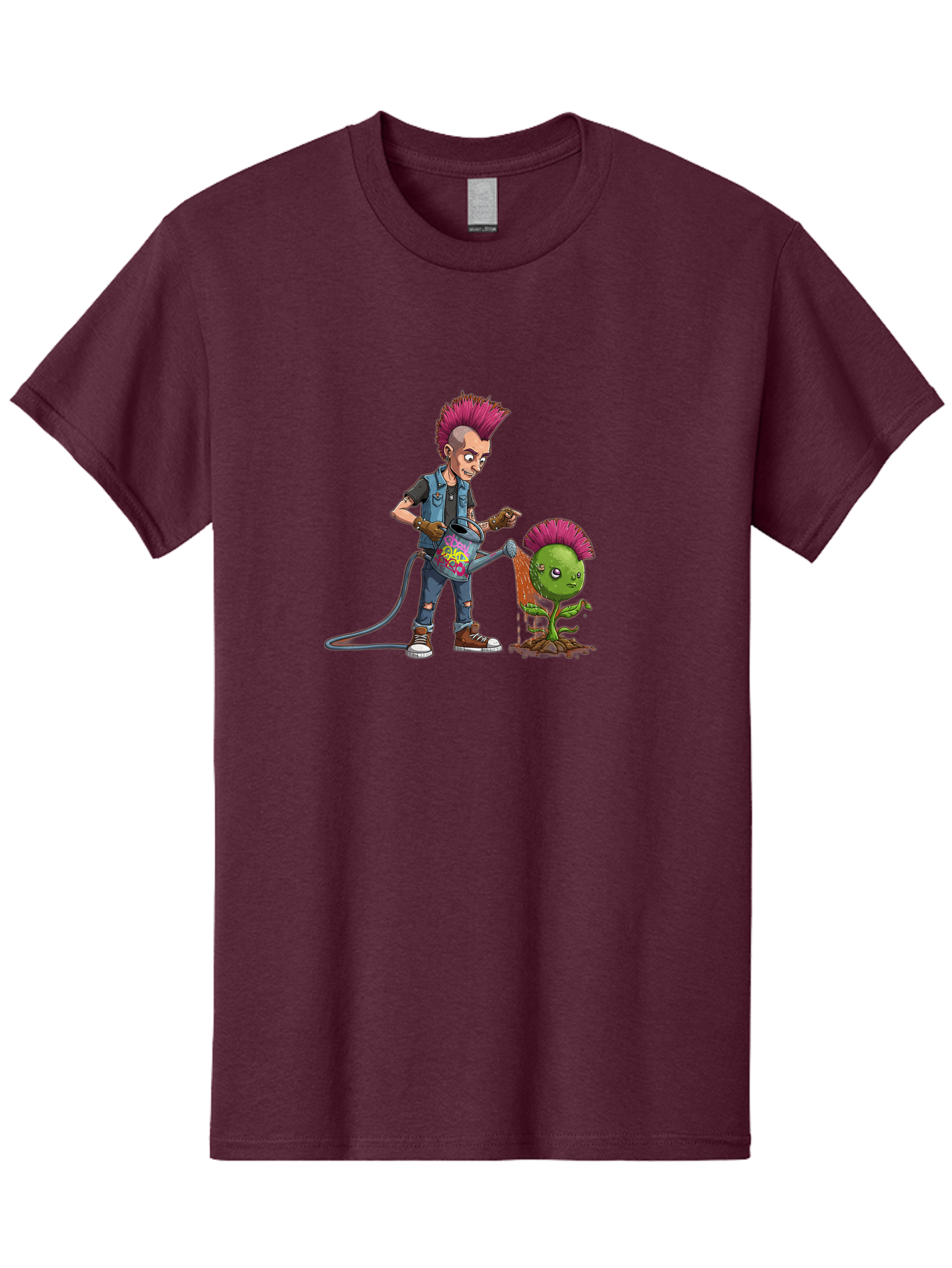 Punk-Watering-Plant Men'S Graphic Tee, 100% Cotton, Comfortable Casual Summer Wear, Machine Washable, Punk Rock Character, Mohawk Hairstyle, Watering Can, Graffiti Art, Punk Plant, Urban Gardening, Street Culture, Vibrant Colors, Bab260