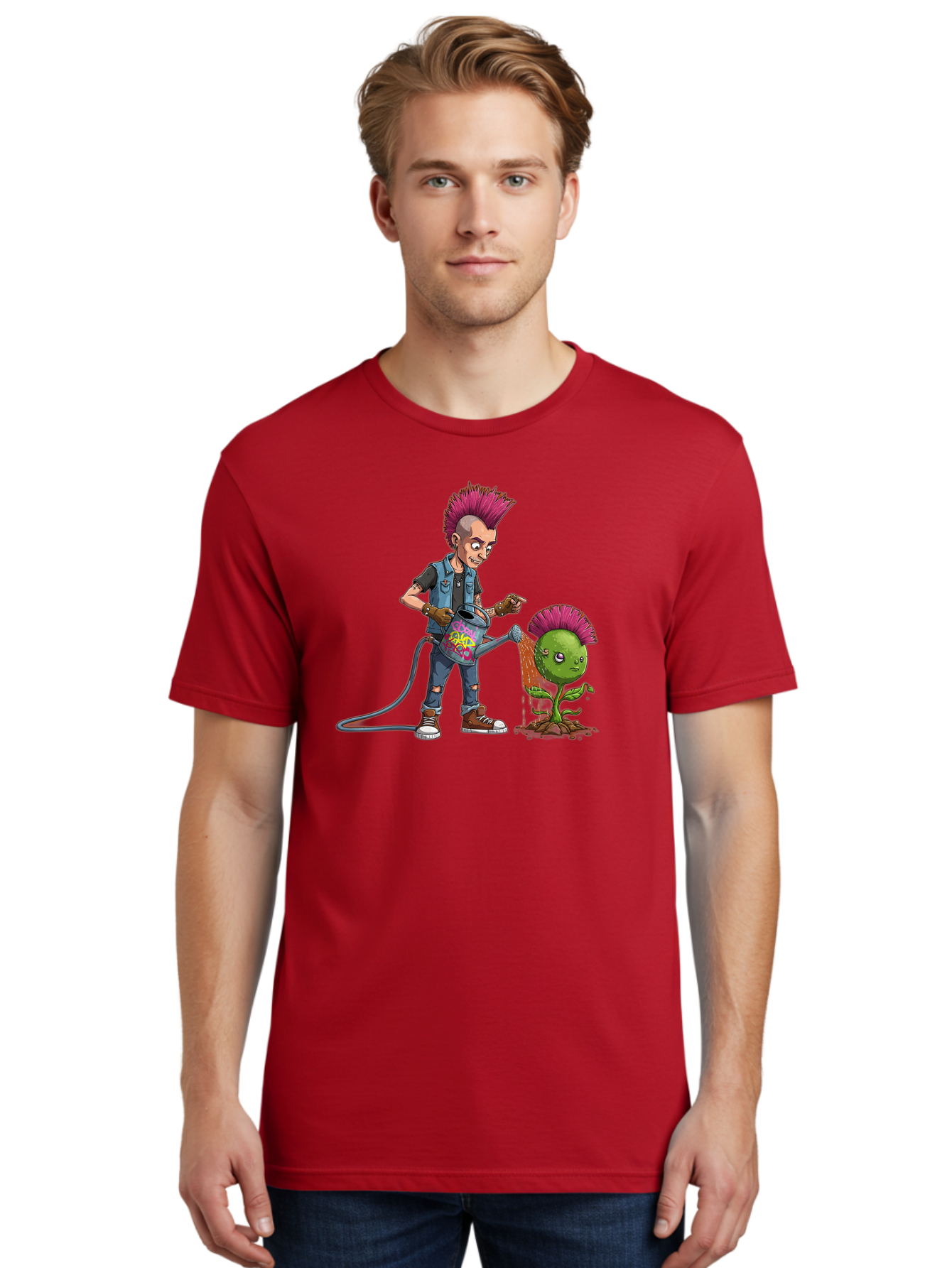 Punk-Watering-Plant Men'S Graphic Tee, 100% Cotton, Comfortable Casual Summer Wear, Machine Washable, Punk Rock Character, Mohawk Hairstyle, Watering Can, Graffiti Art, Punk Plant, Urban Gardening, Street Culture, Vibrant Colors, Bab260