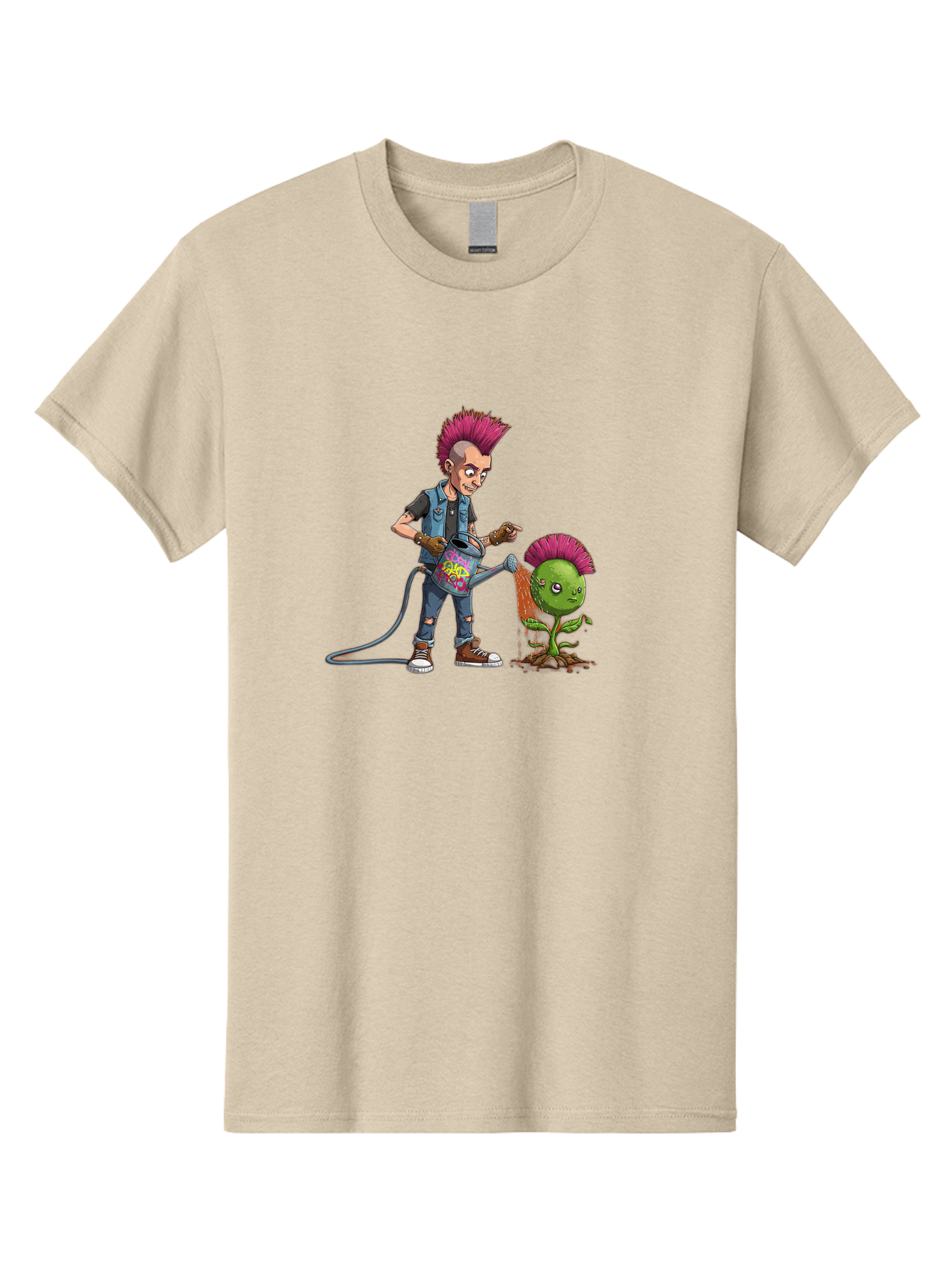 Punk-Watering-Plant Men'S Graphic Tee, 100% Cotton, Comfortable Casual Summer Wear, Machine Washable, Punk Rock Character, Mohawk Hairstyle, Watering Can, Graffiti Art, Punk Plant, Urban Gardening, Street Culture, Vibrant Colors, Bab260