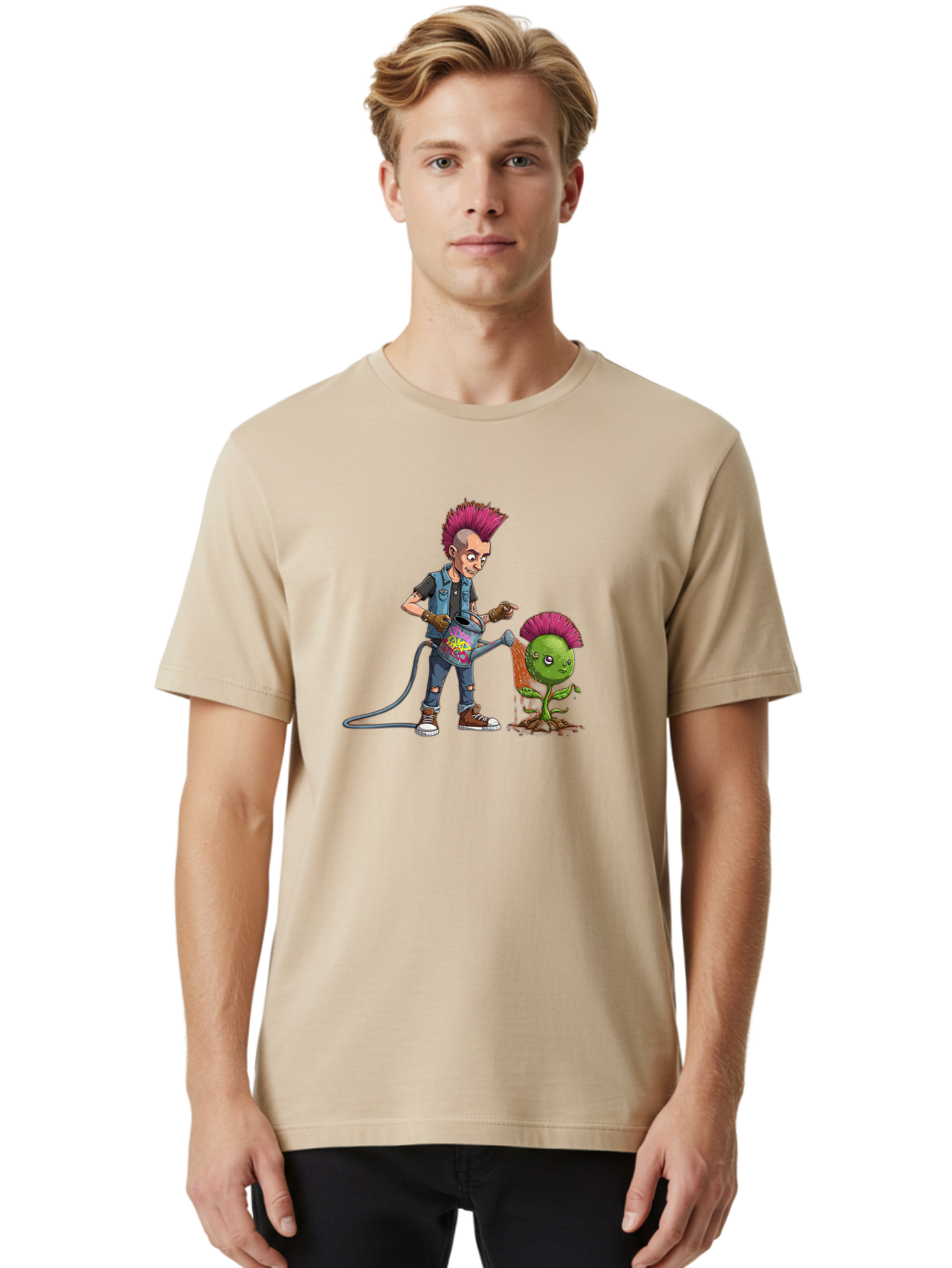 Punk-Watering-Plant Men'S Graphic Tee, 100% Cotton, Comfortable Casual Summer Wear, Machine Washable, Punk Rock Character, Mohawk Hairstyle, Watering Can, Graffiti Art, Punk Plant, Urban Gardening, Street Culture, Vibrant Colors, Bab260