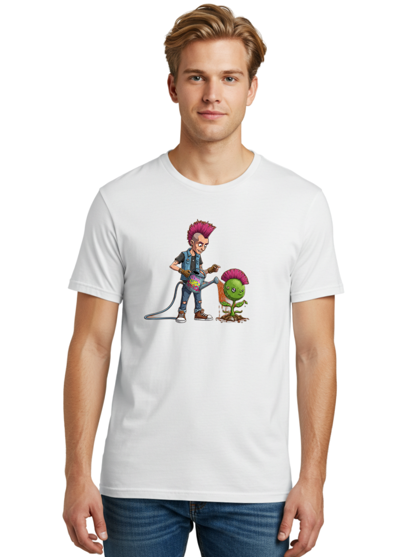 Punk-Watering-Plant Men'S Graphic Tee, 100% Cotton, Comfortable Casual Summer Wear, Machine Washable, Punk Rock Character, Mohawk Hairstyle, Watering Can, Graffiti Art, Punk Plant, Urban Gardening, Street Culture, Vibrant Colors, Bab260