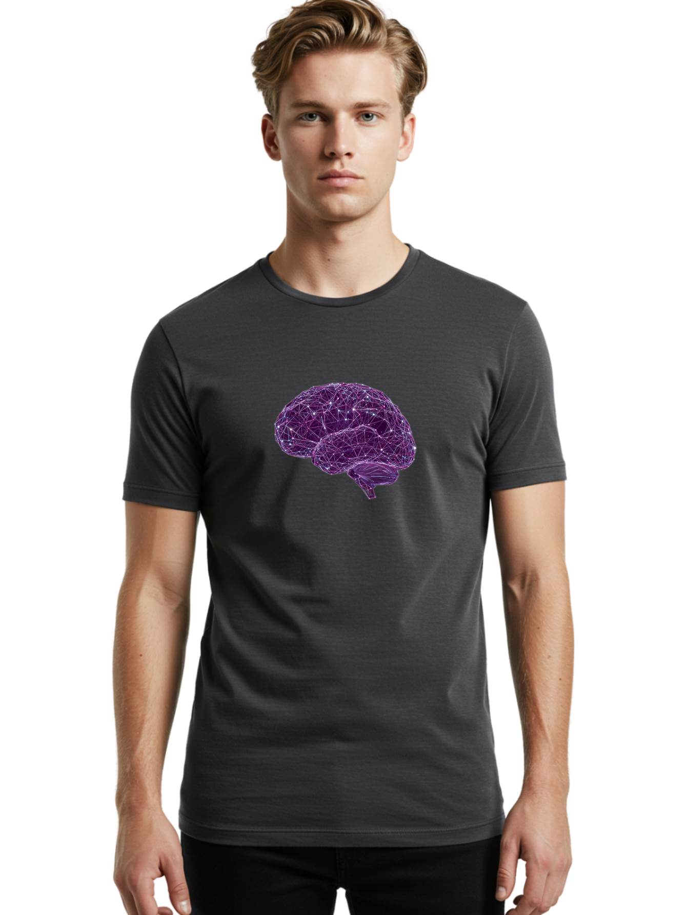 Purple-Brain Men'S Graphic Tee, 100% Cotton, Comfortable Casual Summer Wear, Machine Washable, Digital Brain, Futuristic, Artificial Intelligence, 3D Rendering, Low Poly, Geometric, Neural Connections, Cognitive Function, Technology, Bab261