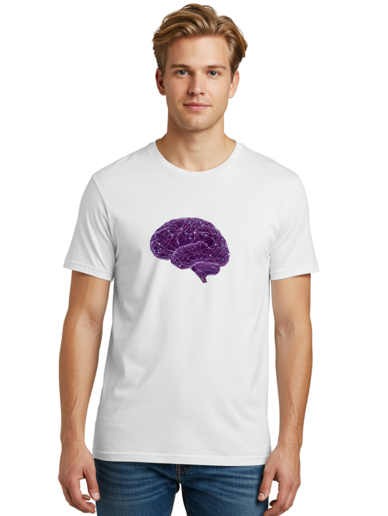 Purple-Brain Men'S Graphic Tee, 100% Cotton, Comfortable Casual Summer Wear, Machine Washable, Digital Brain, Futuristic, Artificial Intelligence, 3D Rendering, Low Poly, Geometric, Neural Connections, Cognitive Function, Technology, Bab261