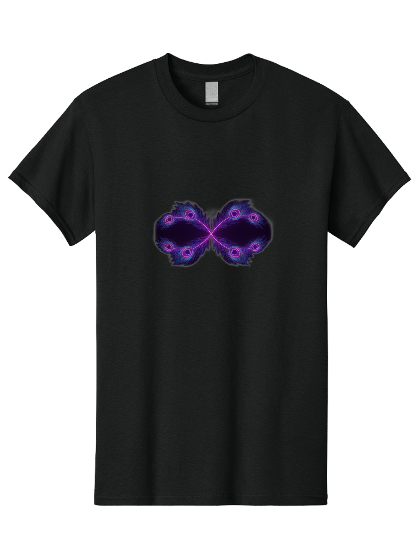 Purple-Feathers-Butterfly Men'S Graphic Tee, 100% Cotton, Comfortable Casual Summer Wear, Machine Washable, Purple Feather Design, Butterfly Shape, Neon Purple Accents, Circular Patterns, Symmetrical Art, Digital Illustration, Fantasy Art, Bab262