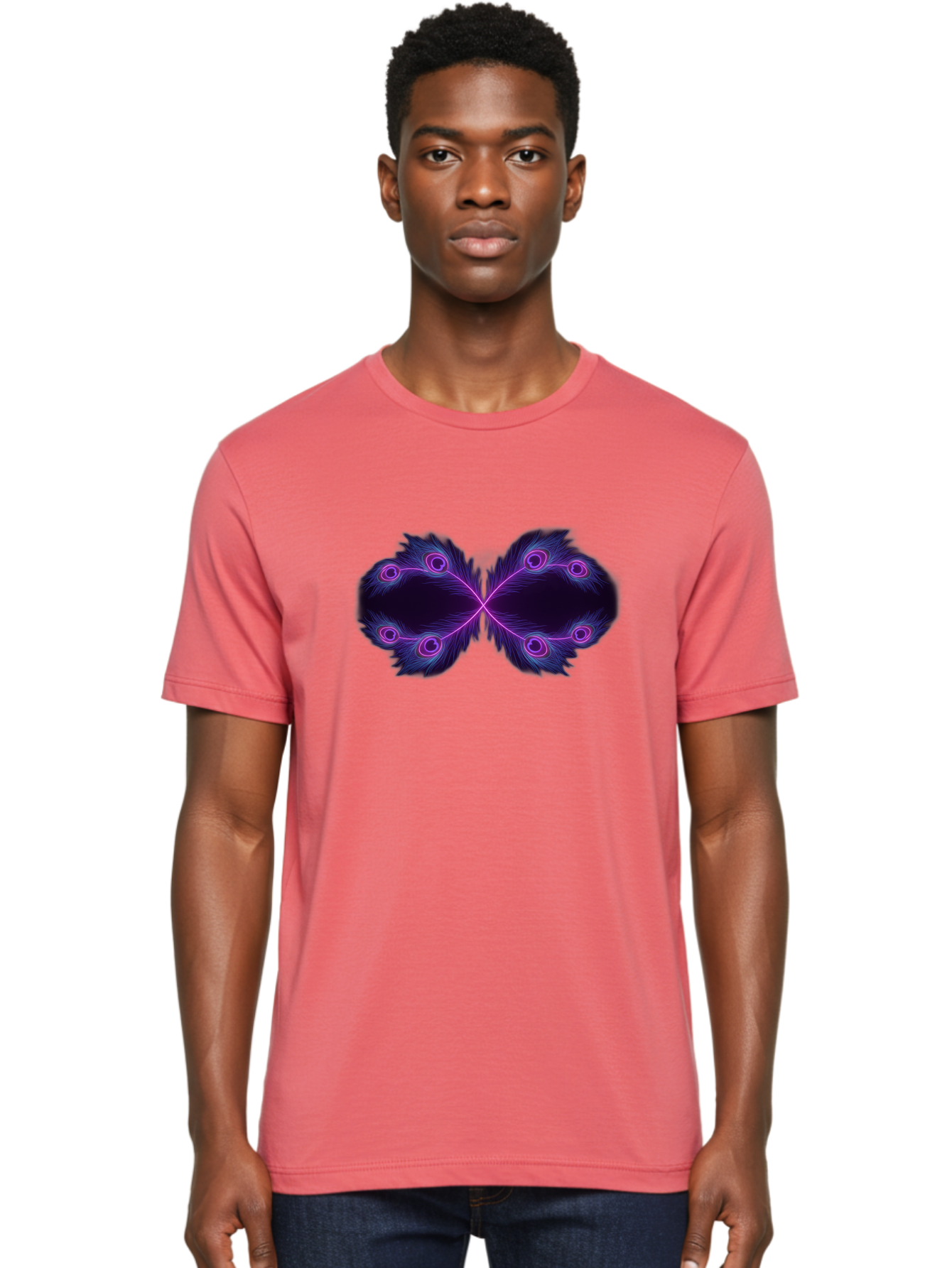Purple-Feathers-Butterfly Men'S Graphic Tee, 100% Cotton, Comfortable Casual Summer Wear, Machine Washable, Purple Feather Design, Butterfly Shape, Neon Purple Accents, Circular Patterns, Symmetrical Art, Digital Illustration, Fantasy Art, Bab262