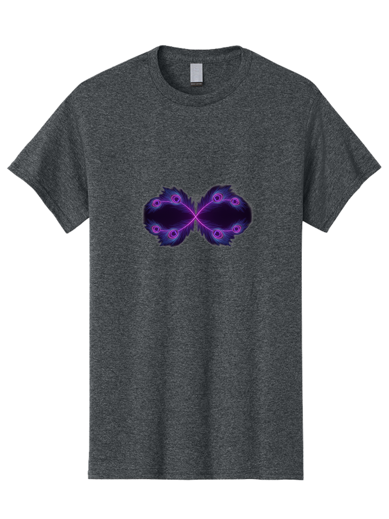 Purple-Feathers-Butterfly Men'S Graphic Tee, 100% Cotton, Comfortable Casual Summer Wear, Machine Washable, Purple Feather Design, Butterfly Shape, Neon Purple Accents, Circular Patterns, Symmetrical Art, Digital Illustration, Fantasy Art, Bab262