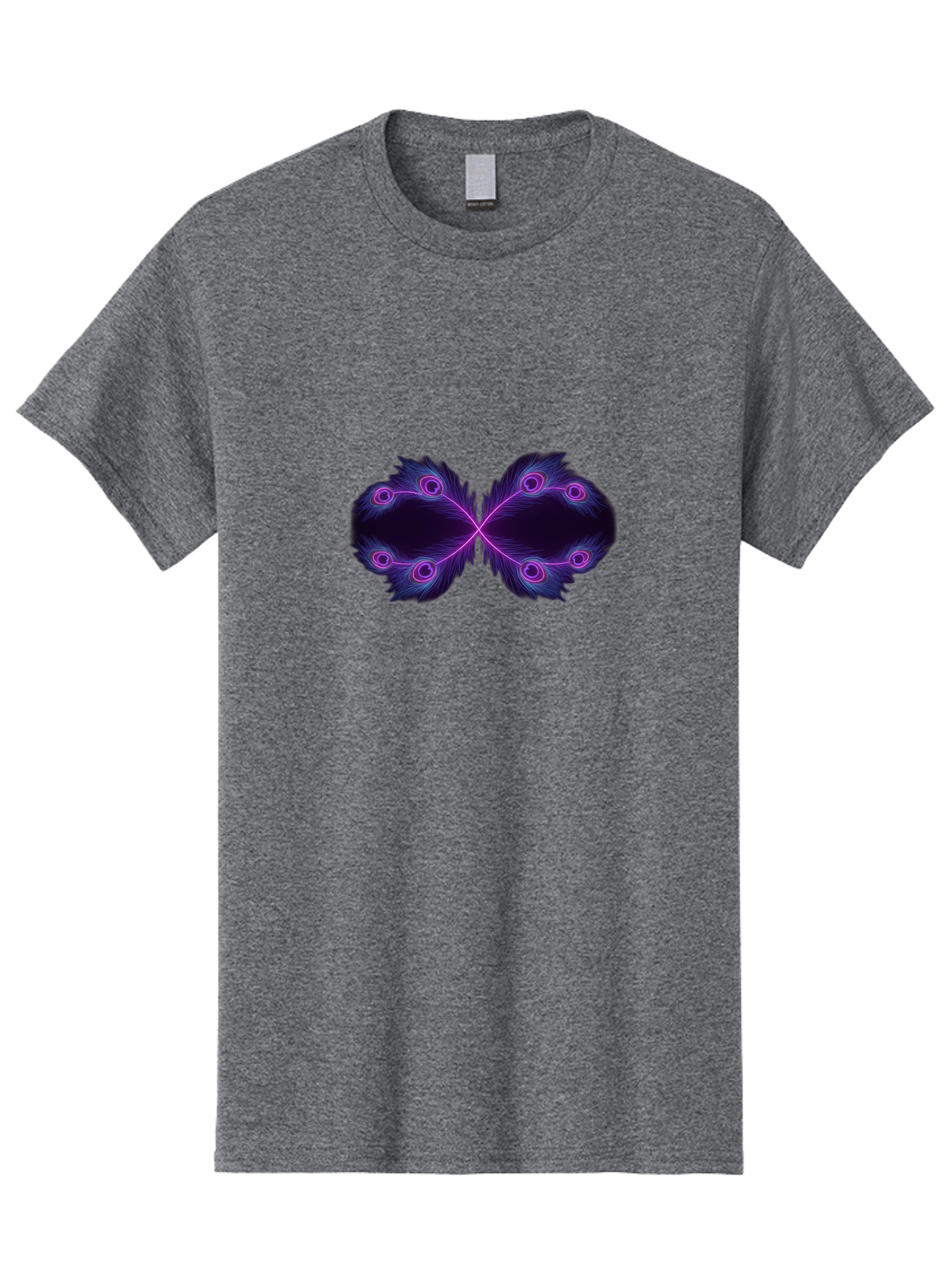 Purple-Feathers-Butterfly Men'S Graphic Tee, 100% Cotton, Comfortable Casual Summer Wear, Machine Washable, Purple Feather Design, Butterfly Shape, Neon Purple Accents, Circular Patterns, Symmetrical Art, Digital Illustration, Fantasy Art, Bab262