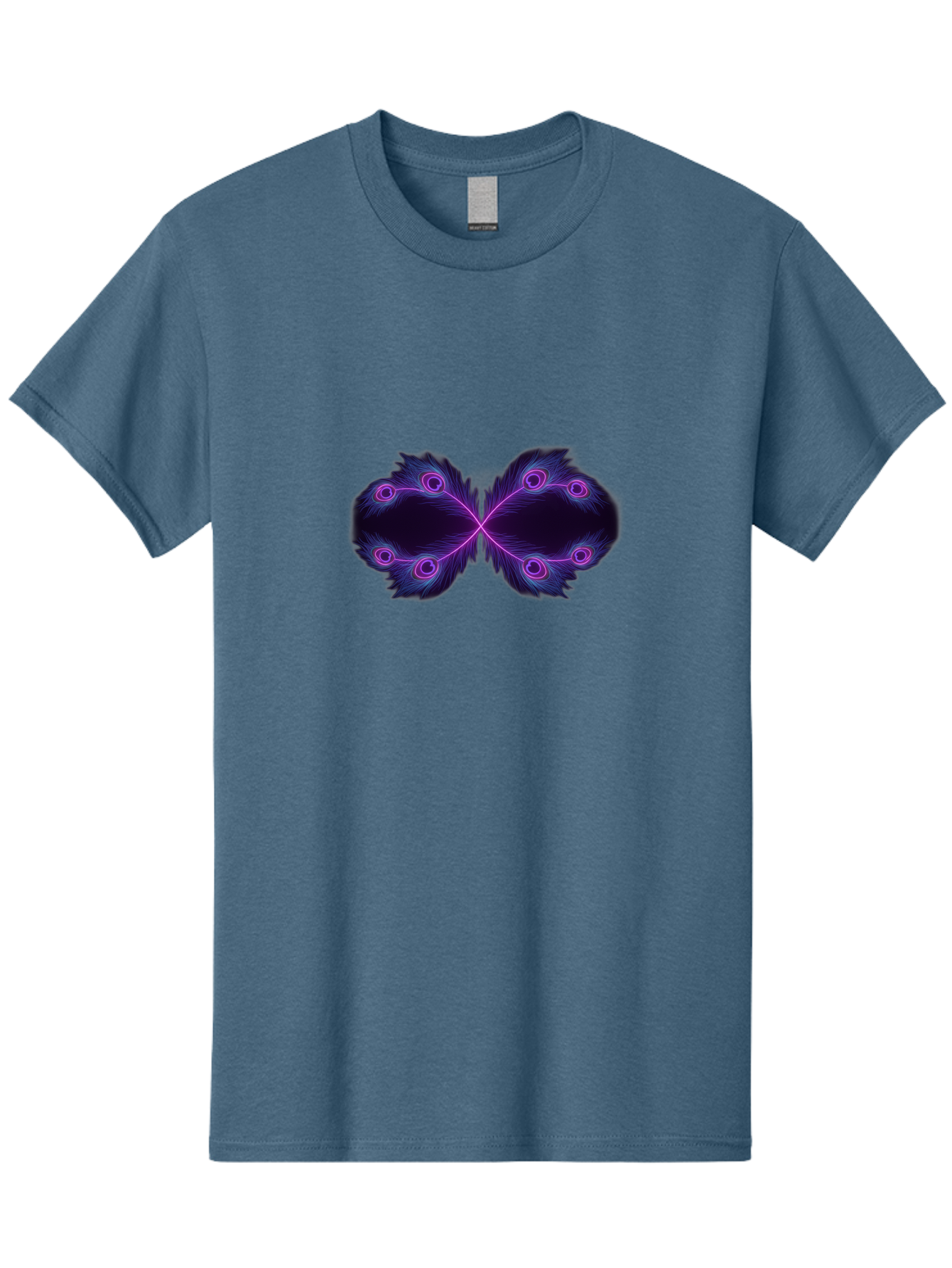 Purple-Feathers-Butterfly Men'S Graphic Tee, 100% Cotton, Comfortable Casual Summer Wear, Machine Washable, Purple Feather Design, Butterfly Shape, Neon Purple Accents, Circular Patterns, Symmetrical Art, Digital Illustration, Fantasy Art, Bab262