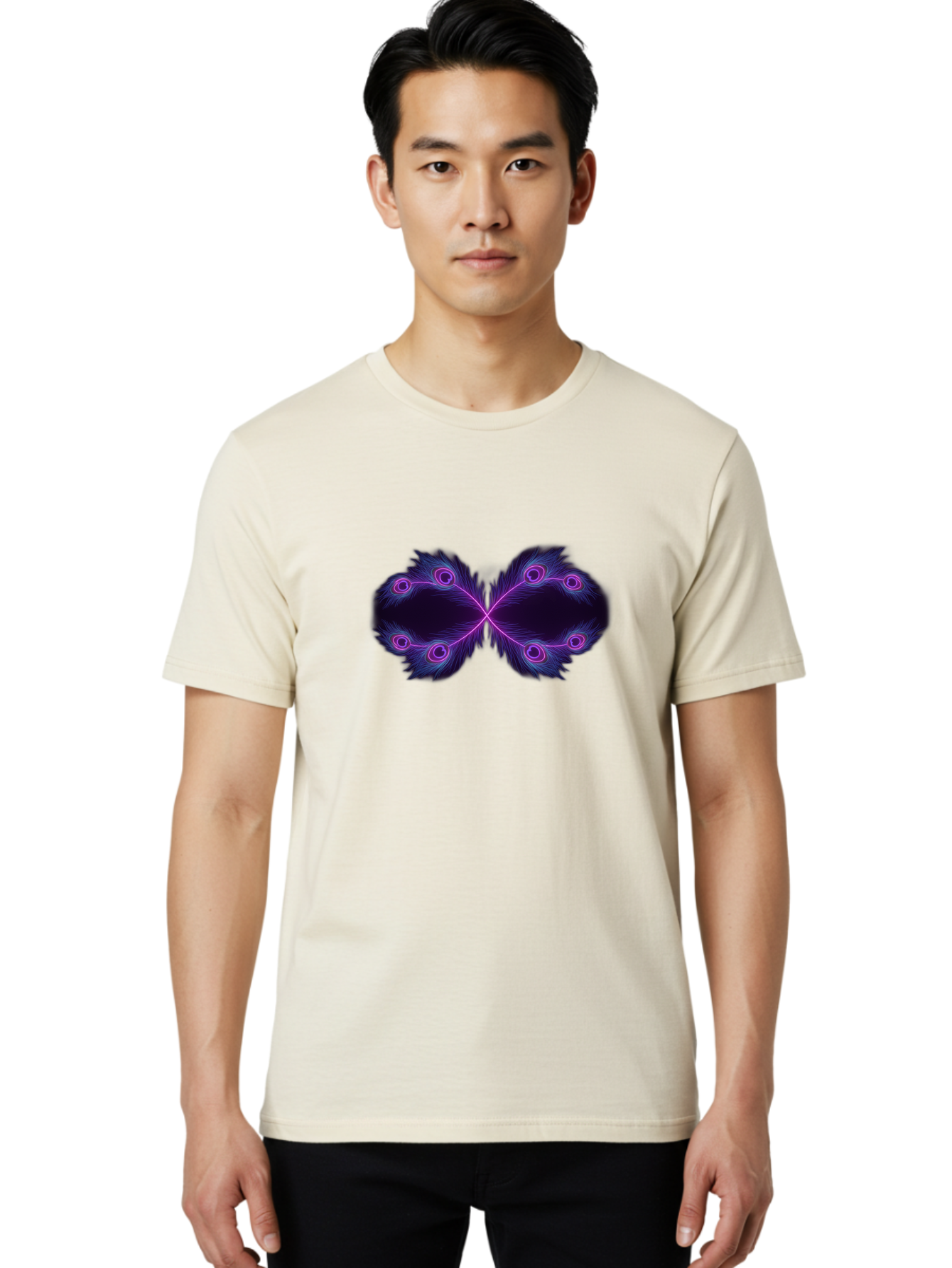 Purple-Feathers-Butterfly Men'S Graphic Tee, 100% Cotton, Comfortable Casual Summer Wear, Machine Washable, Purple Feather Design, Butterfly Shape, Neon Purple Accents, Circular Patterns, Symmetrical Art, Digital Illustration, Fantasy Art, Bab262