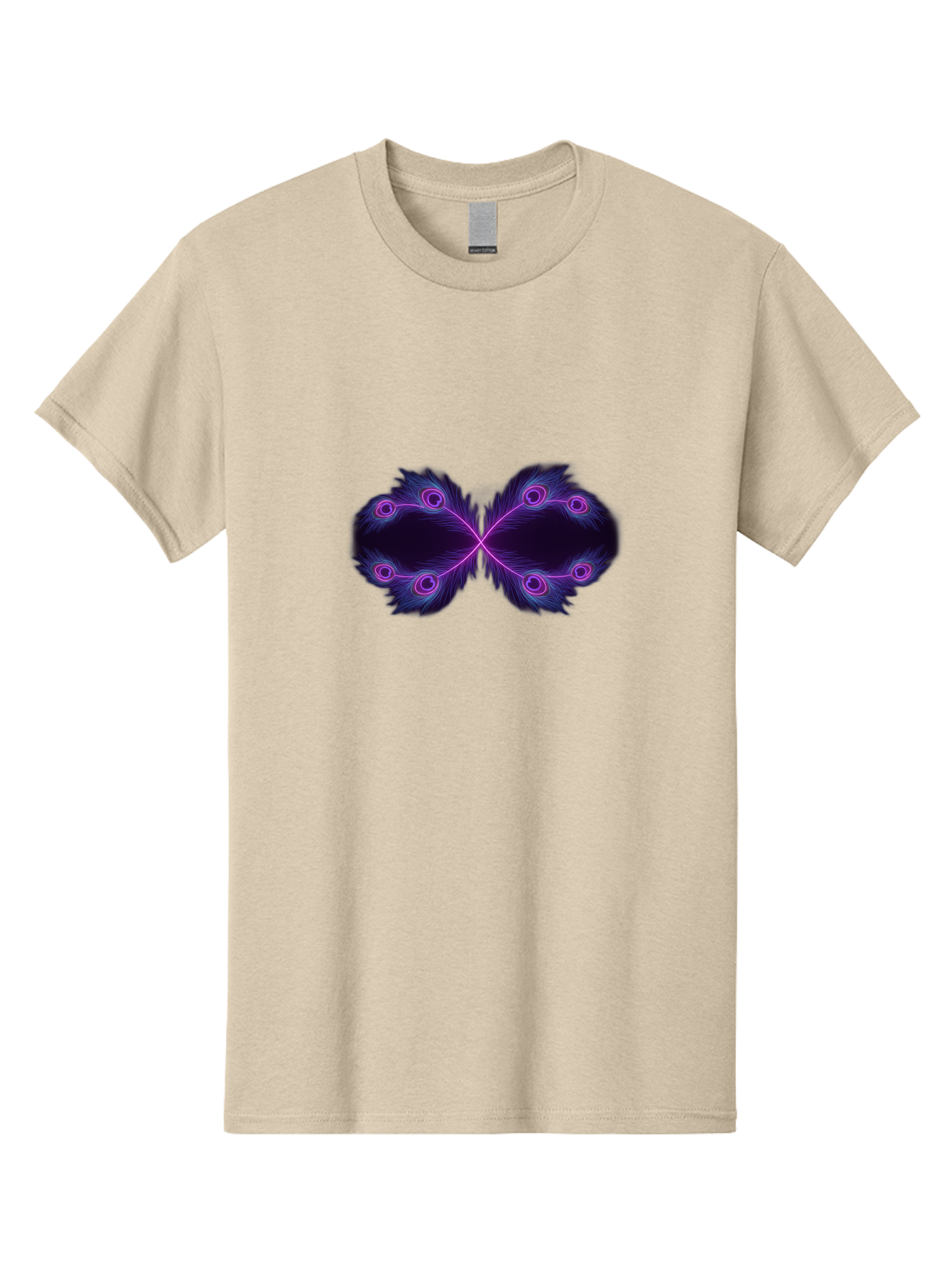 Purple-Feathers-Butterfly Men'S Graphic Tee, 100% Cotton, Comfortable Casual Summer Wear, Machine Washable, Purple Feather Design, Butterfly Shape, Neon Purple Accents, Circular Patterns, Symmetrical Art, Digital Illustration, Fantasy Art, Bab262