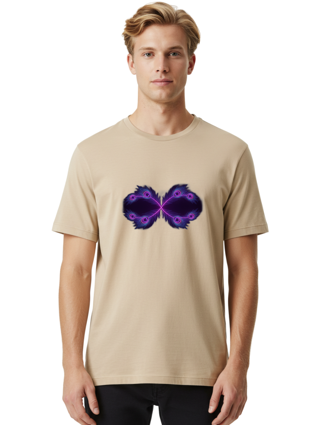Purple-Feathers-Butterfly Men'S Graphic Tee, 100% Cotton, Comfortable Casual Summer Wear, Machine Washable, Purple Feather Design, Butterfly Shape, Neon Purple Accents, Circular Patterns, Symmetrical Art, Digital Illustration, Fantasy Art, Bab262