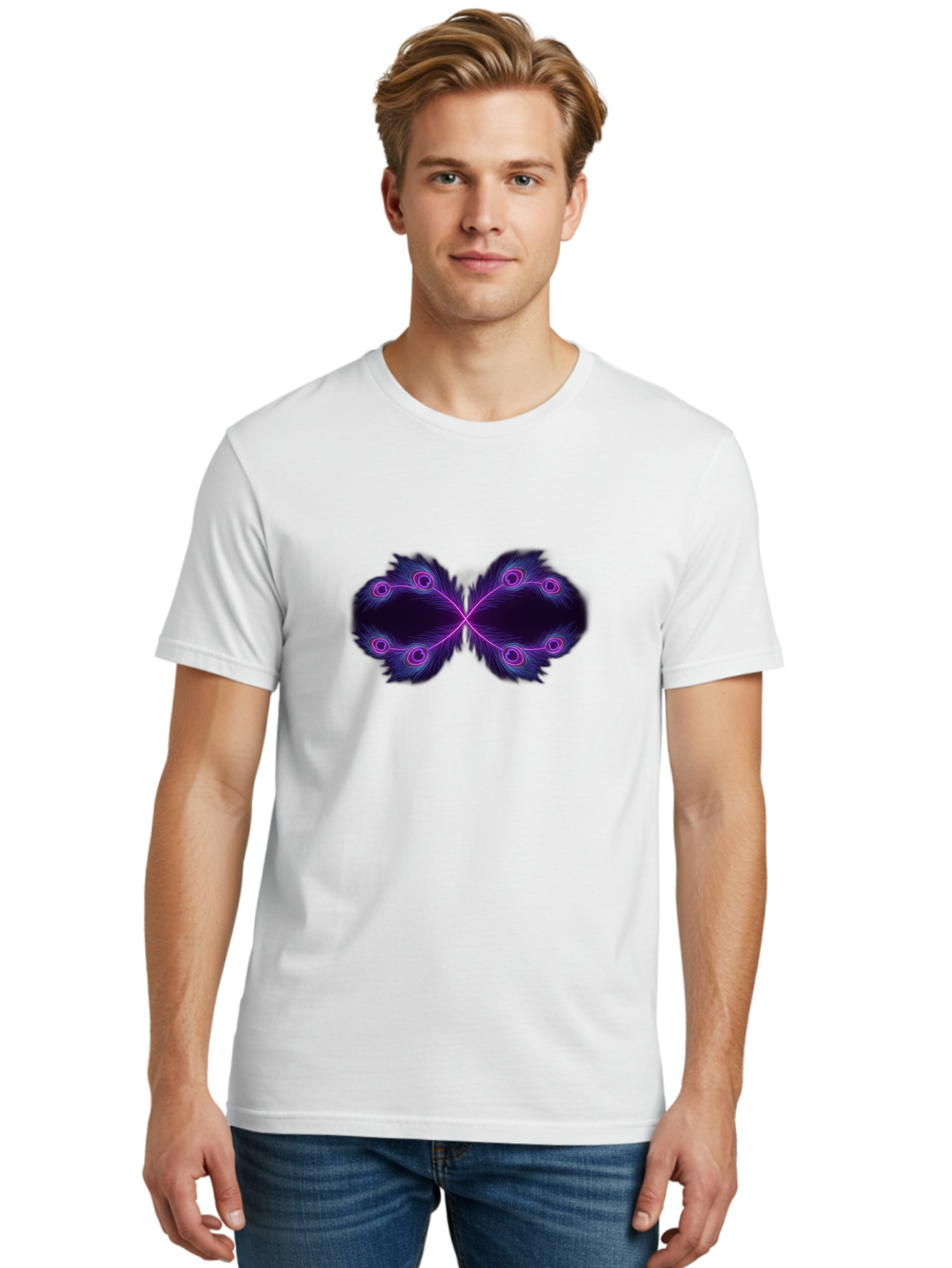 Purple-Feathers-Butterfly Men'S Graphic Tee, 100% Cotton, Comfortable Casual Summer Wear, Machine Washable, Purple Feather Design, Butterfly Shape, Neon Purple Accents, Circular Patterns, Symmetrical Art, Digital Illustration, Fantasy Art, Bab262