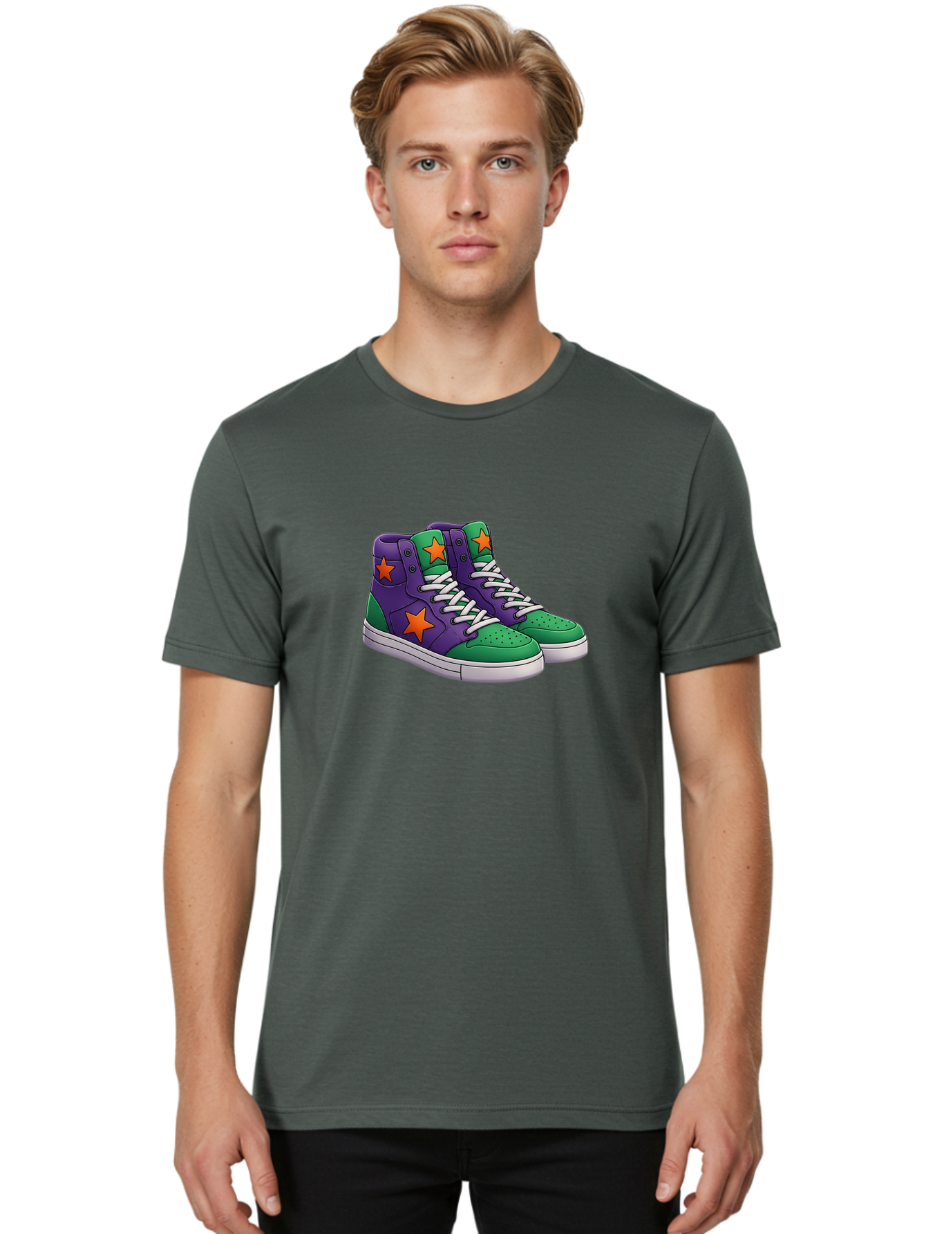 Purple-Green-Sneakers Men'S Graphic Tee, 100% Cotton, Comfortable Casual Summer Wear, Machine Washable, High Top Sneakers, Purple And Green Colorblock, Orange Star Design, White Laces, Fashion Sneakers, Streetwear Style, Bab263