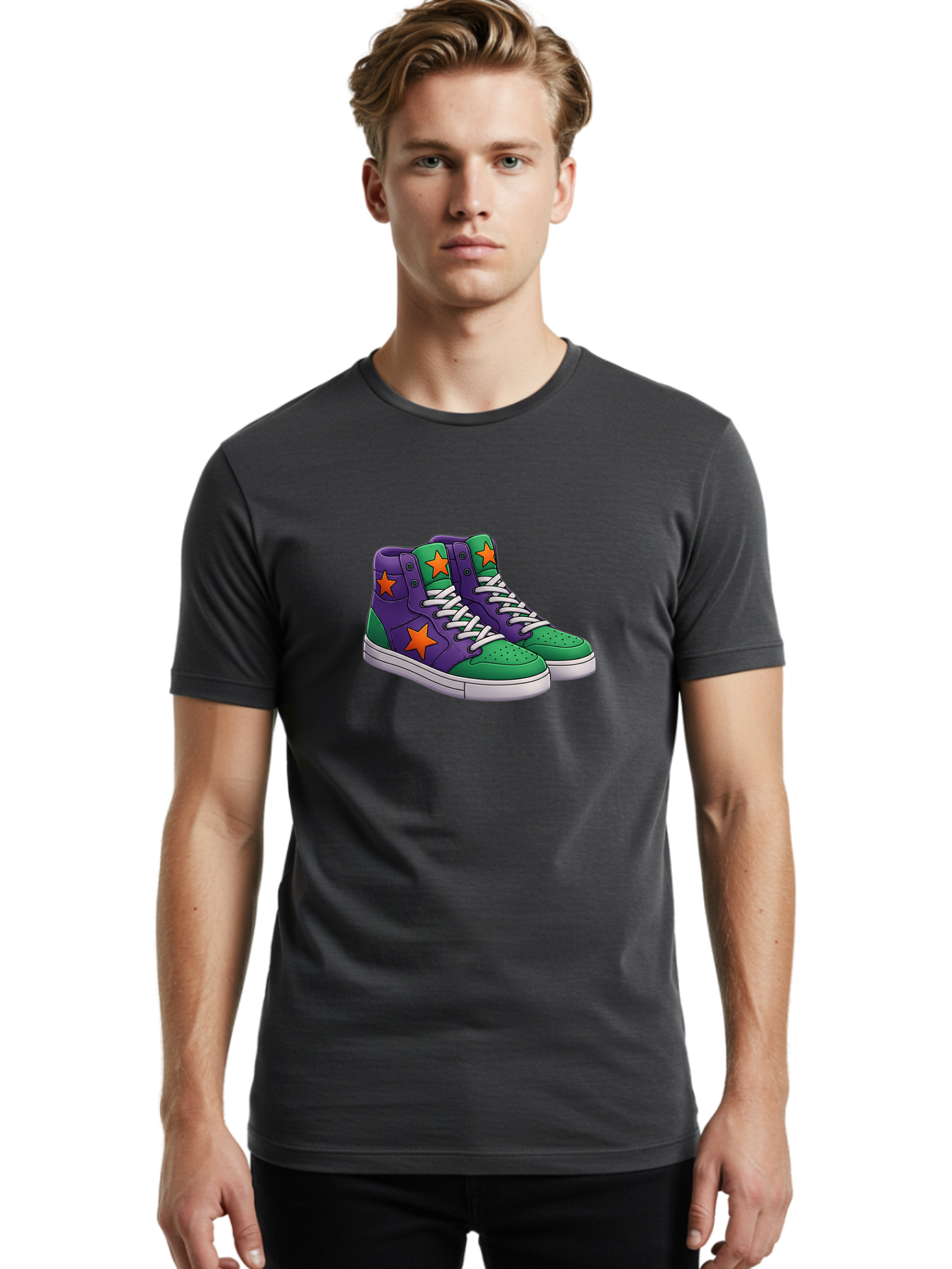 Purple-Green-Sneakers Men'S Graphic Tee, 100% Cotton, Comfortable Casual Summer Wear, Machine Washable, High Top Sneakers, Purple And Green Colorblock, Orange Star Design, White Laces, Fashion Sneakers, Streetwear Style, Bab263