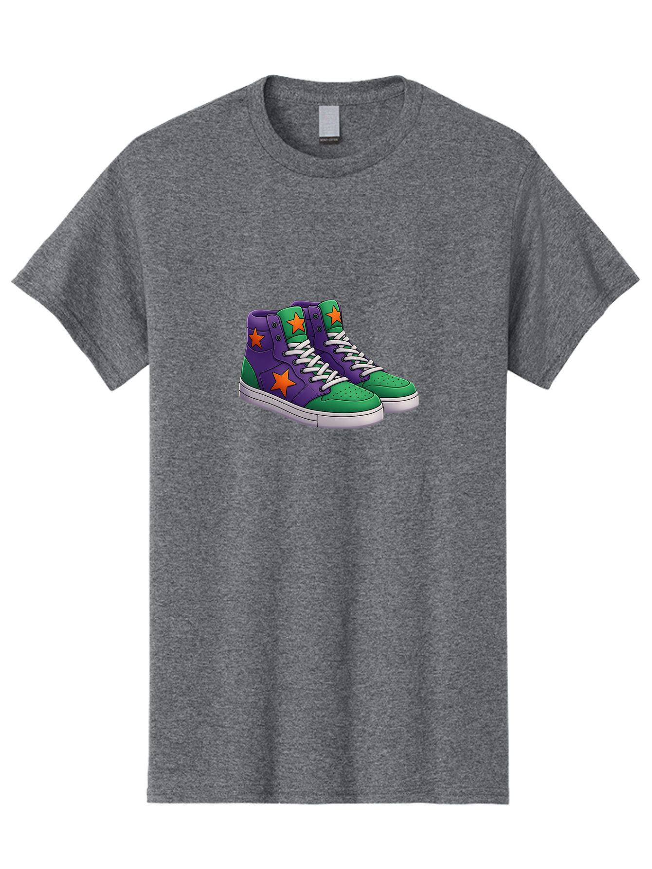 Purple-Green-Sneakers Men'S Graphic Tee, 100% Cotton, Comfortable Casual Summer Wear, Machine Washable, High Top Sneakers, Purple And Green Colorblock, Orange Star Design, White Laces, Fashion Sneakers, Streetwear Style, Bab263