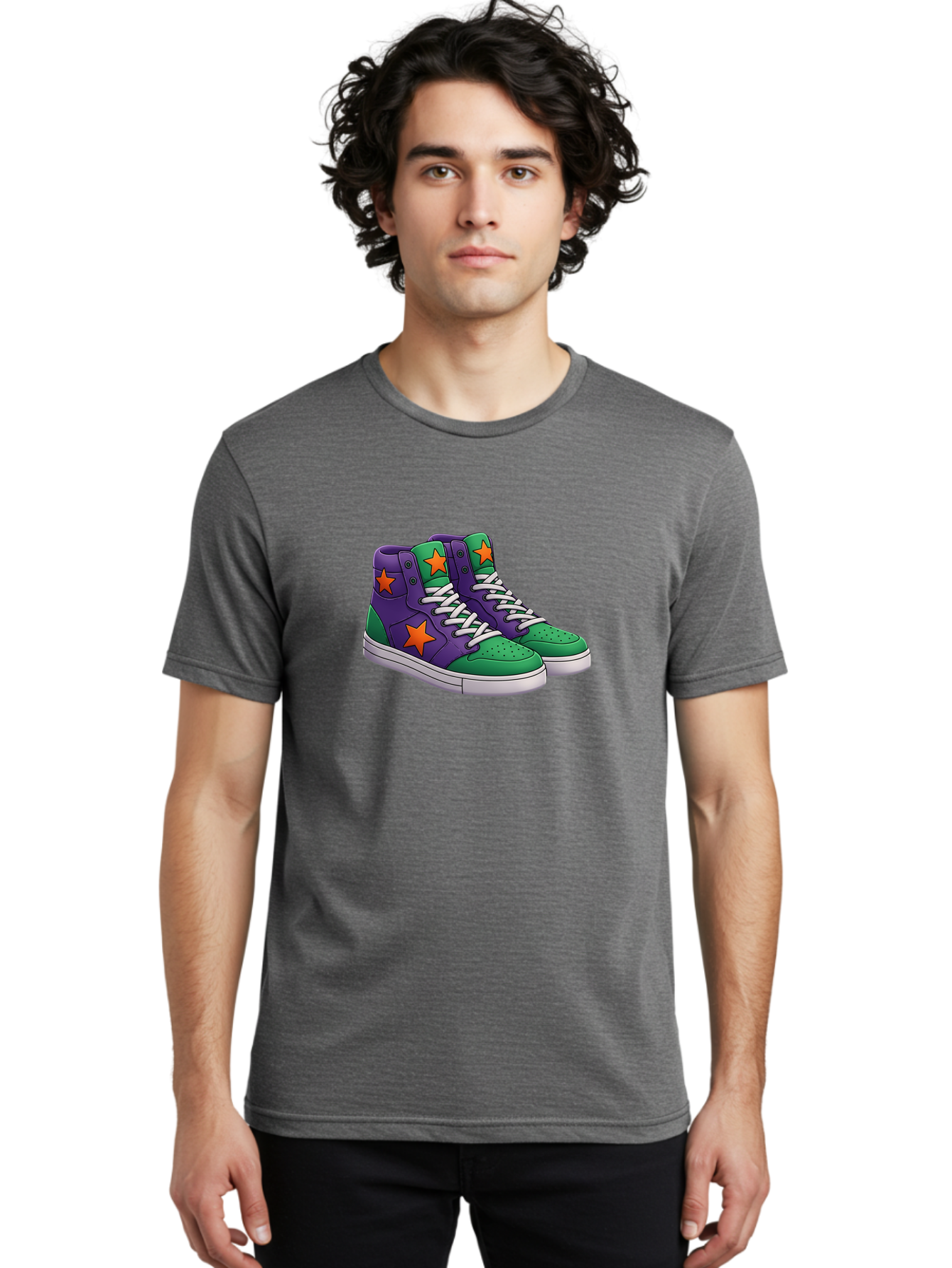 Purple-Green-Sneakers Men'S Graphic Tee, 100% Cotton, Comfortable Casual Summer Wear, Machine Washable, High Top Sneakers, Purple And Green Colorblock, Orange Star Design, White Laces, Fashion Sneakers, Streetwear Style, Bab263