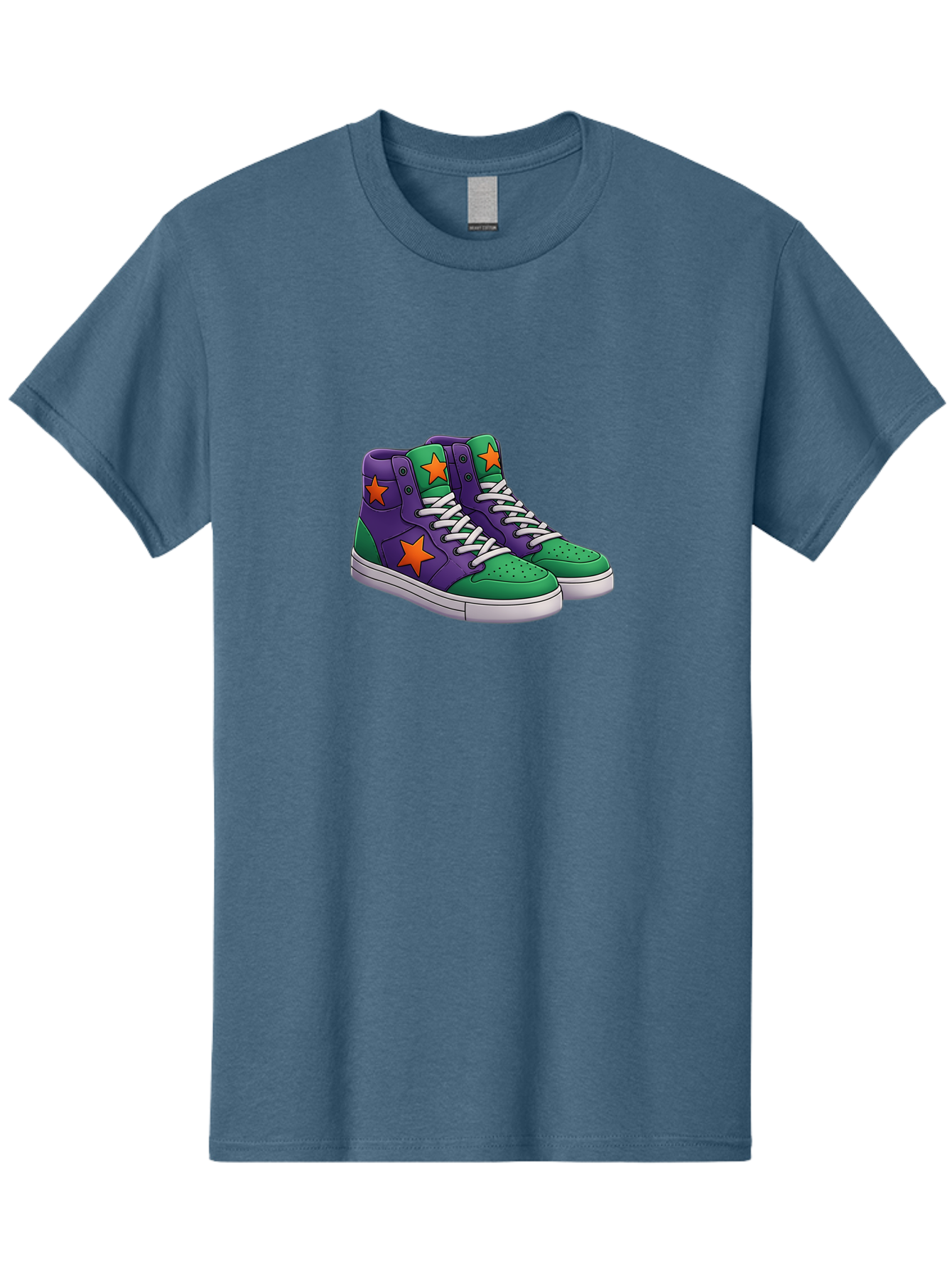 Purple-Green-Sneakers Men'S Graphic Tee, 100% Cotton, Comfortable Casual Summer Wear, Machine Washable, High Top Sneakers, Purple And Green Colorblock, Orange Star Design, White Laces, Fashion Sneakers, Streetwear Style, Bab263