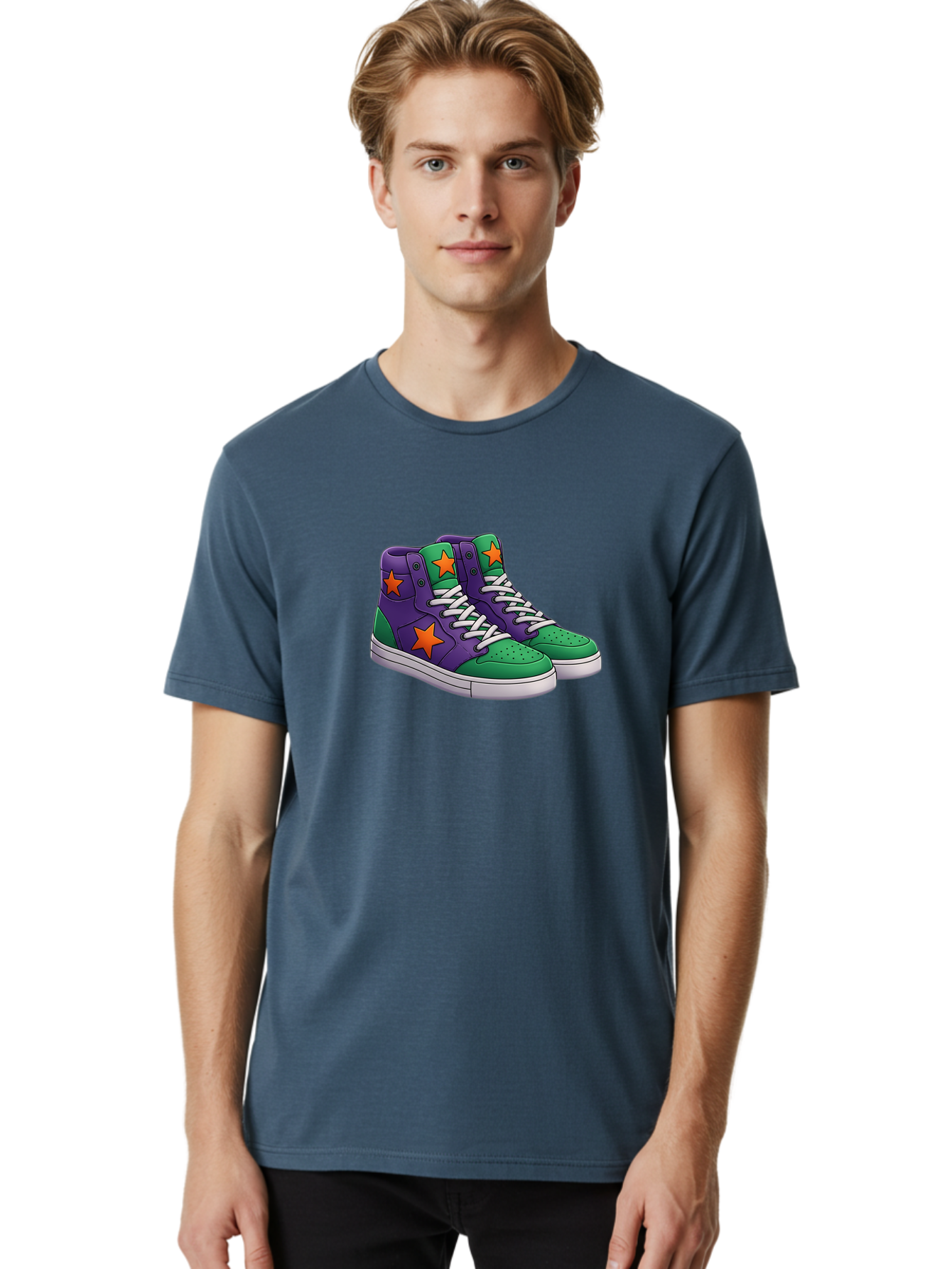Purple-Green-Sneakers Men'S Graphic Tee, 100% Cotton, Comfortable Casual Summer Wear, Machine Washable, High Top Sneakers, Purple And Green Colorblock, Orange Star Design, White Laces, Fashion Sneakers, Streetwear Style, Bab263