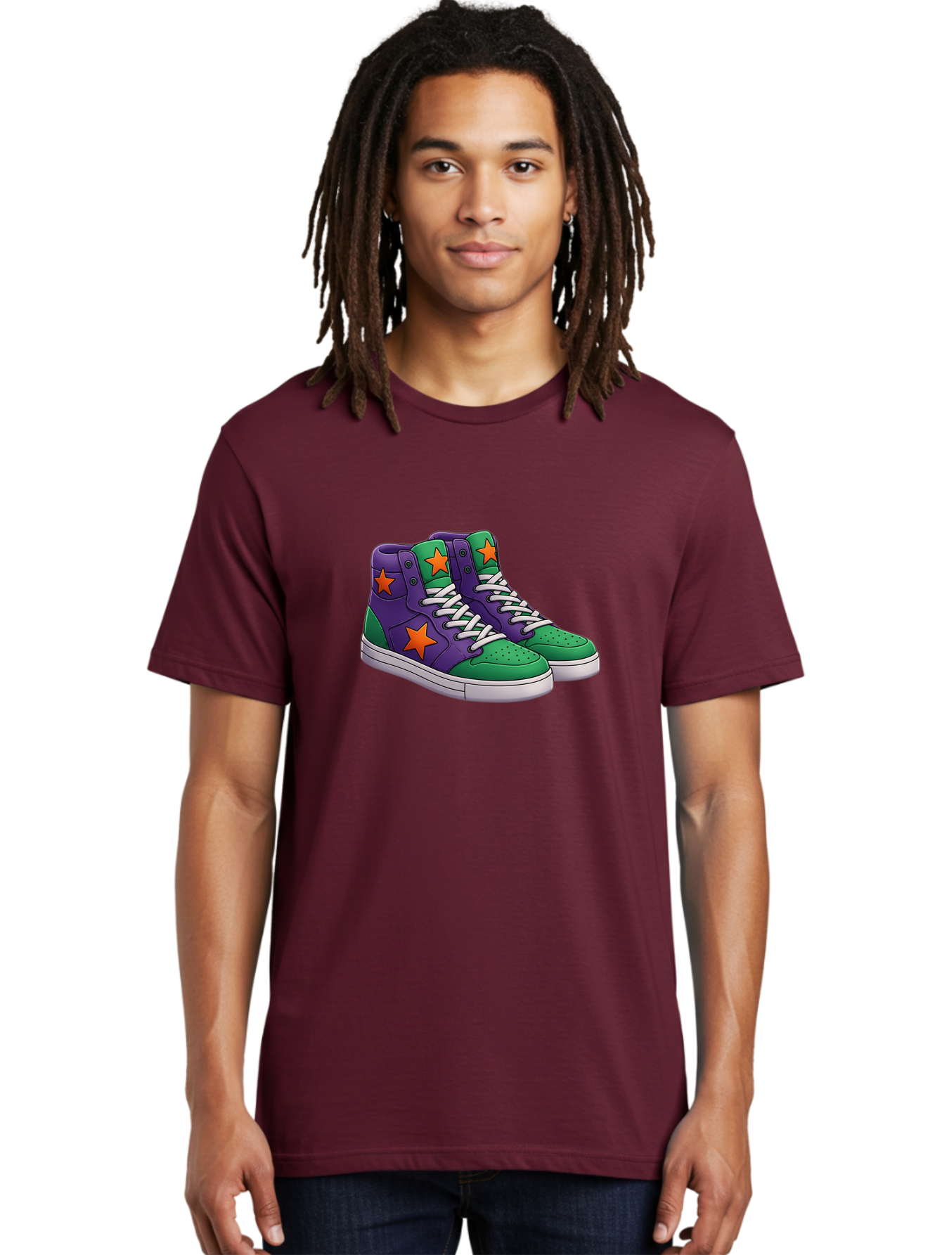 Purple-Green-Sneakers Men'S Graphic Tee, 100% Cotton, Comfortable Casual Summer Wear, Machine Washable, High Top Sneakers, Purple And Green Colorblock, Orange Star Design, White Laces, Fashion Sneakers, Streetwear Style, Bab263