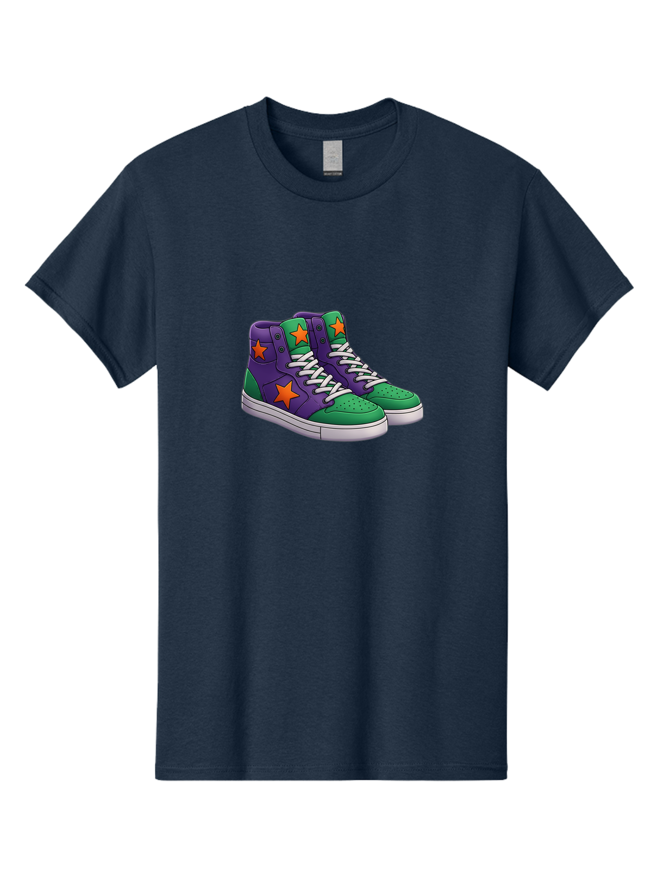 Purple-Green-Sneakers Men'S Graphic Tee, 100% Cotton, Comfortable Casual Summer Wear, Machine Washable, High Top Sneakers, Purple And Green Colorblock, Orange Star Design, White Laces, Fashion Sneakers, Streetwear Style, Bab263