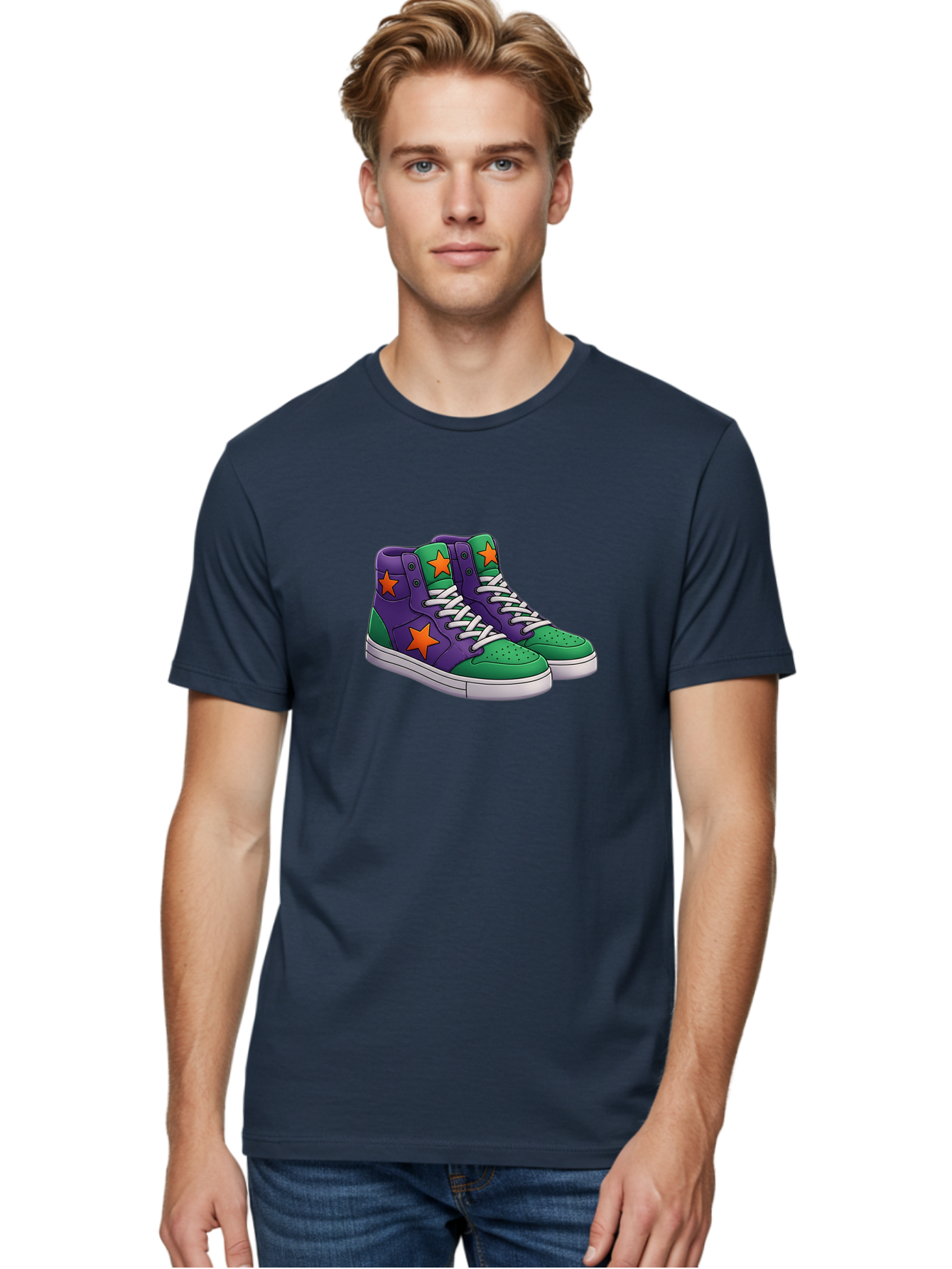 Purple-Green-Sneakers Men'S Graphic Tee, 100% Cotton, Comfortable Casual Summer Wear, Machine Washable, High Top Sneakers, Purple And Green Colorblock, Orange Star Design, White Laces, Fashion Sneakers, Streetwear Style, Bab263