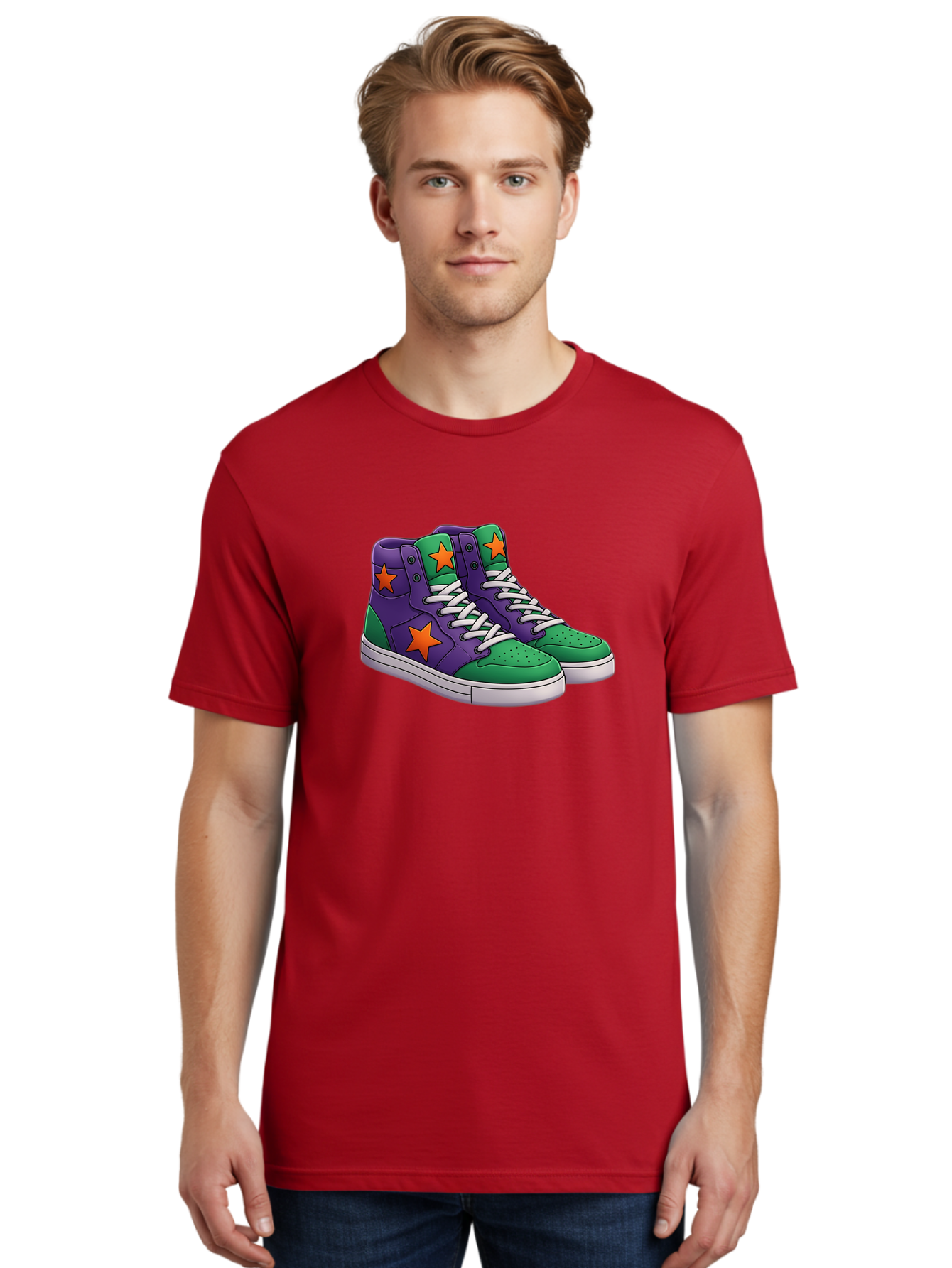 Purple-Green-Sneakers Men'S Graphic Tee, 100% Cotton, Comfortable Casual Summer Wear, Machine Washable, High Top Sneakers, Purple And Green Colorblock, Orange Star Design, White Laces, Fashion Sneakers, Streetwear Style, Bab263