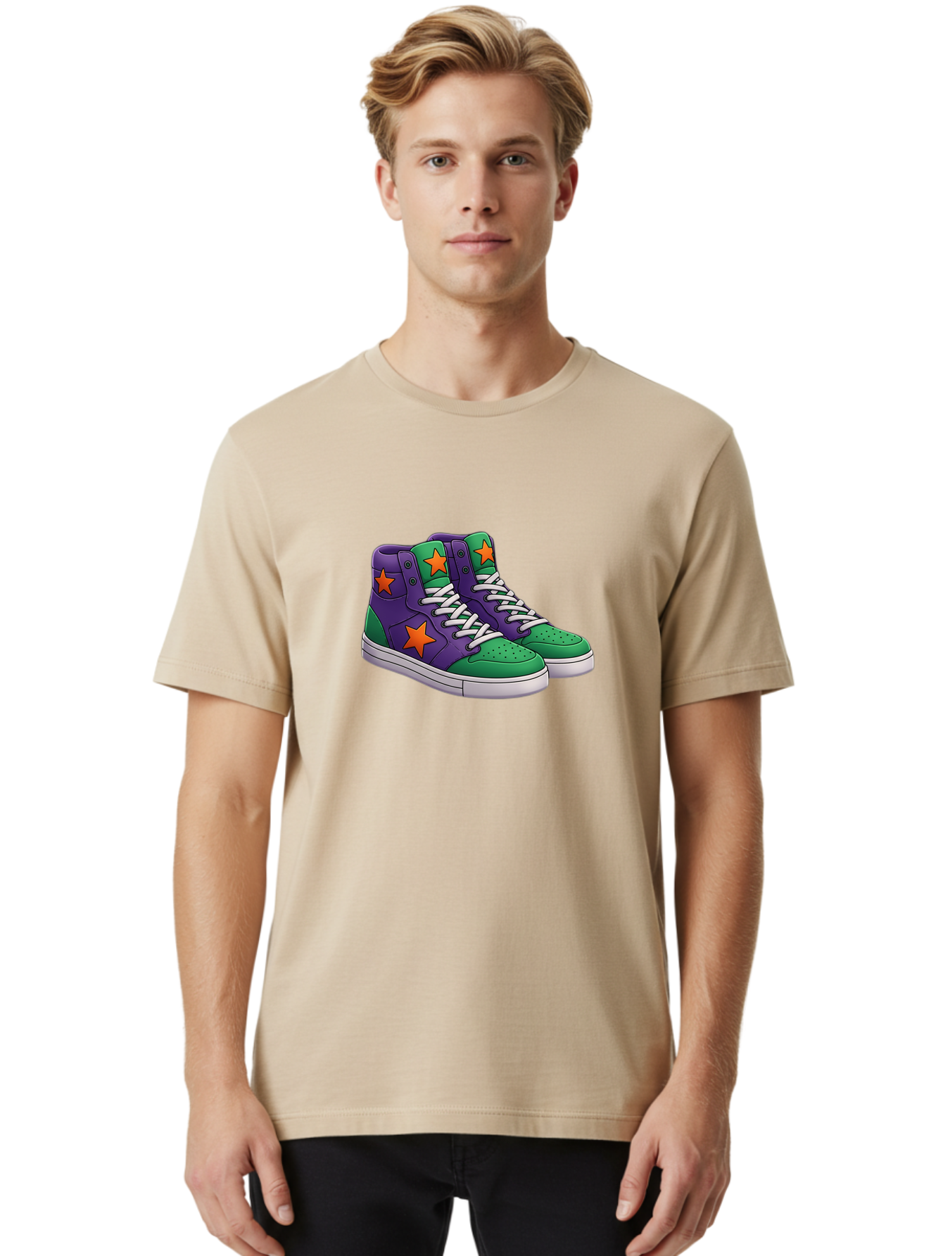 Purple-Green-Sneakers Men'S Graphic Tee, 100% Cotton, Comfortable Casual Summer Wear, Machine Washable, High Top Sneakers, Purple And Green Colorblock, Orange Star Design, White Laces, Fashion Sneakers, Streetwear Style, Bab263