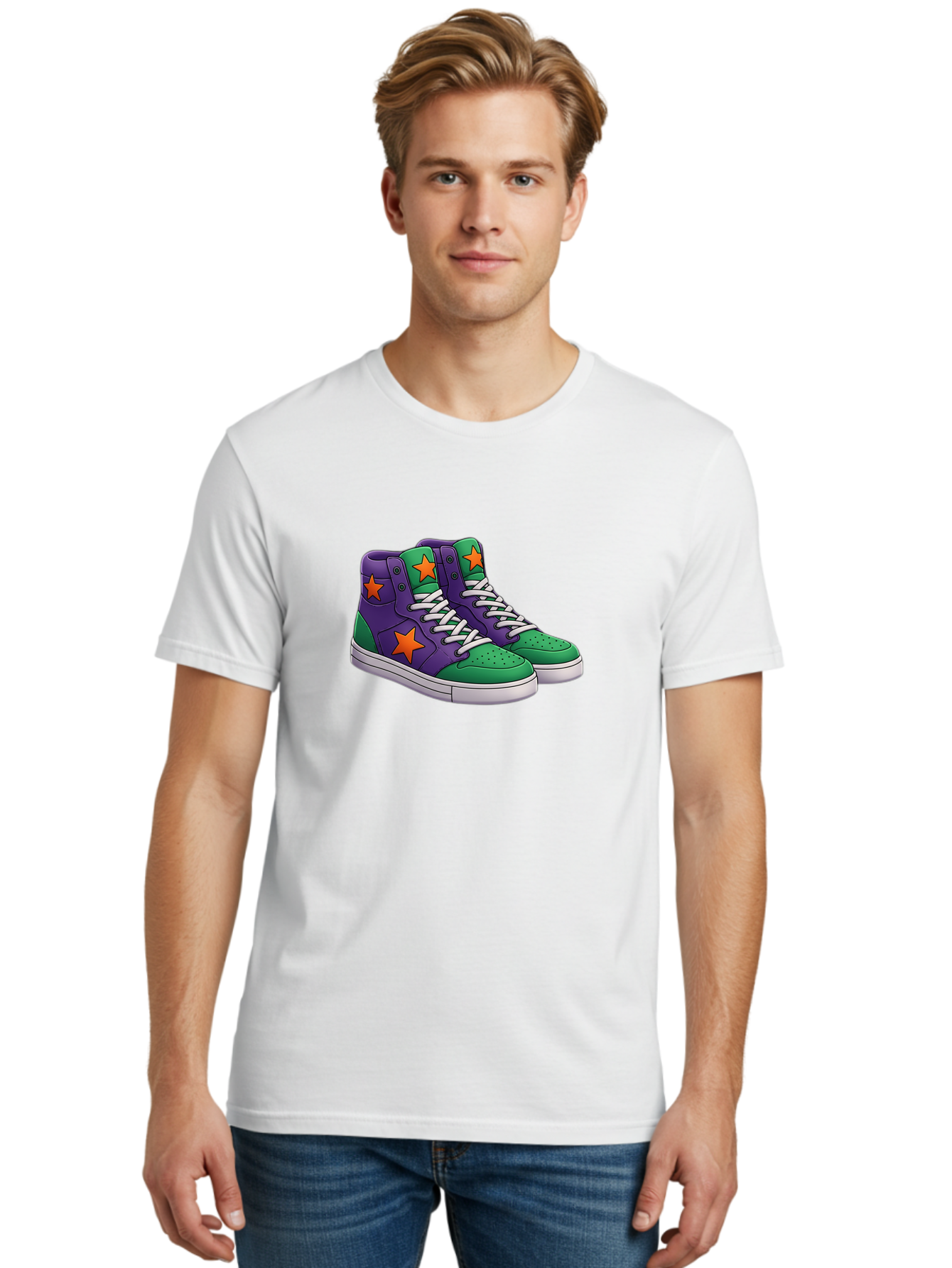 Purple-Green-Sneakers Men'S Graphic Tee, 100% Cotton, Comfortable Casual Summer Wear, Machine Washable, High Top Sneakers, Purple And Green Colorblock, Orange Star Design, White Laces, Fashion Sneakers, Streetwear Style, Bab263