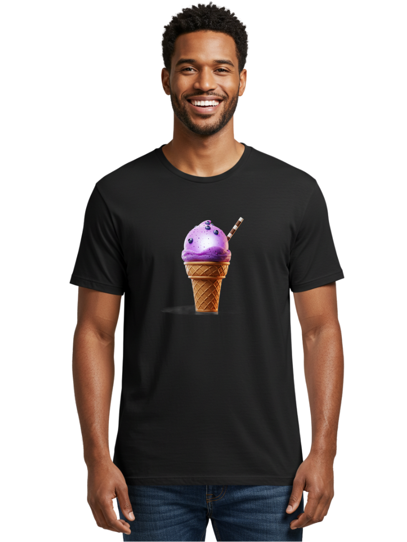 Purple-Ice-Cream-Cone Men'S Graphic Tee, 100% Cotton, Comfortable Casual Summer Wear, Machine Washable, Purple Ice Cream, Waffle Cone, Blueberry Topping, Striped Straw, Sweet Treat, Dessert, Cold Dessert, Creamy Texture, Frozen Yogurt Bab264