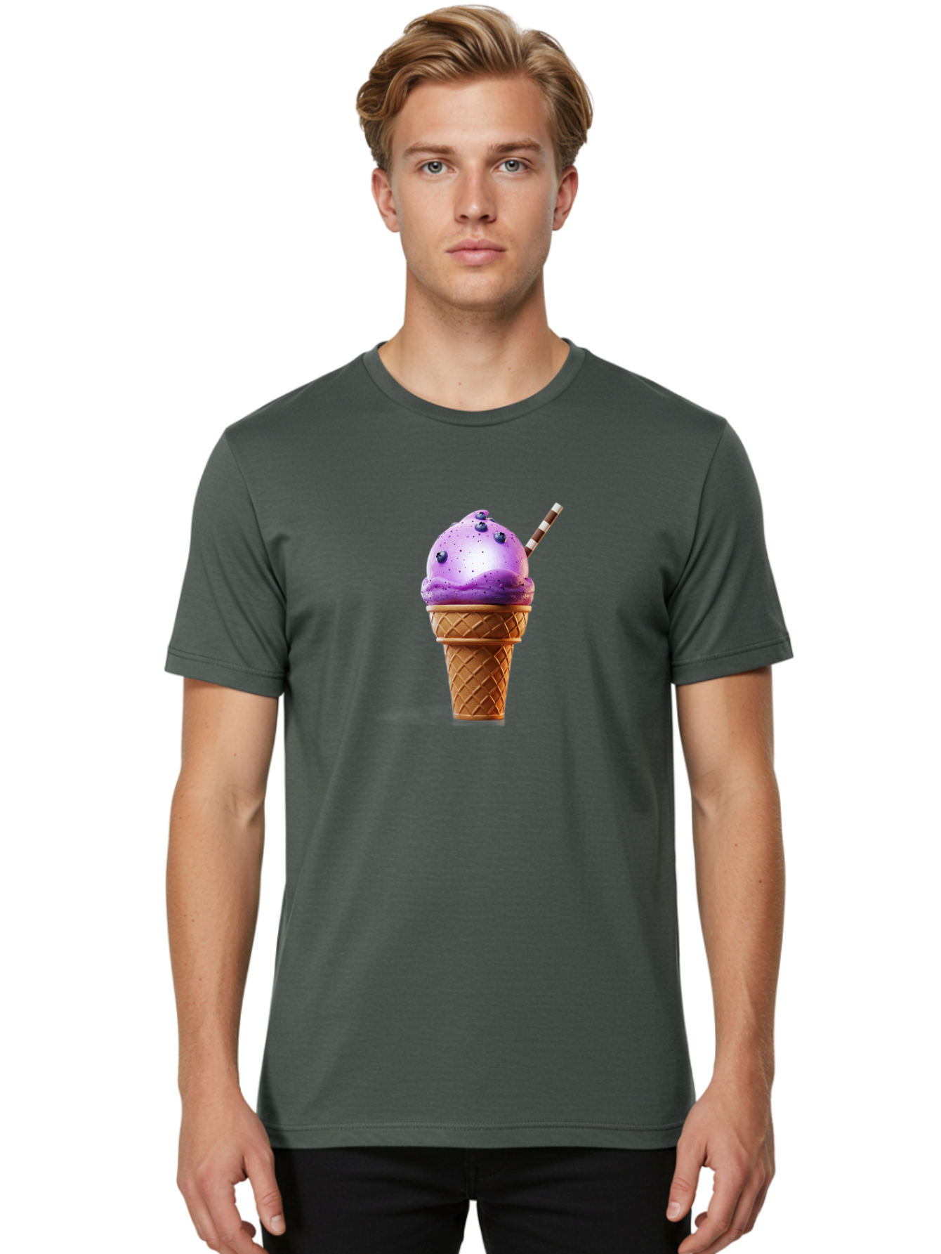 Purple-Ice-Cream-Cone Men'S Graphic Tee, 100% Cotton, Comfortable Casual Summer Wear, Machine Washable, Purple Ice Cream, Waffle Cone, Blueberry Topping, Striped Straw, Sweet Treat, Dessert, Cold Dessert, Creamy Texture, Frozen Yogurt Bab264