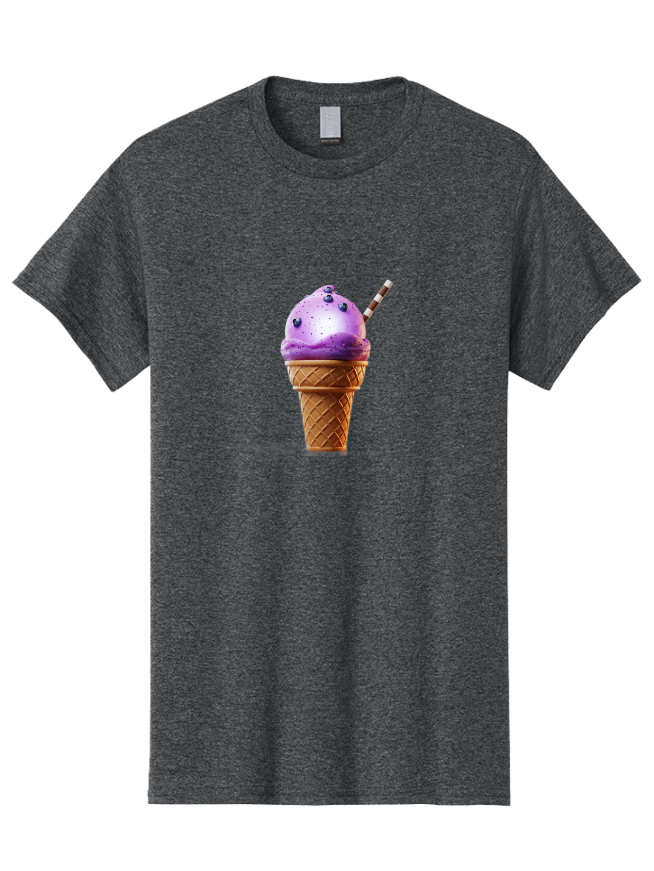 Purple-Ice-Cream-Cone Men'S Graphic Tee, 100% Cotton, Comfortable Casual Summer Wear, Machine Washable, Purple Ice Cream, Waffle Cone, Blueberry Topping, Striped Straw, Sweet Treat, Dessert, Cold Dessert, Creamy Texture, Frozen Yogurt Bab264