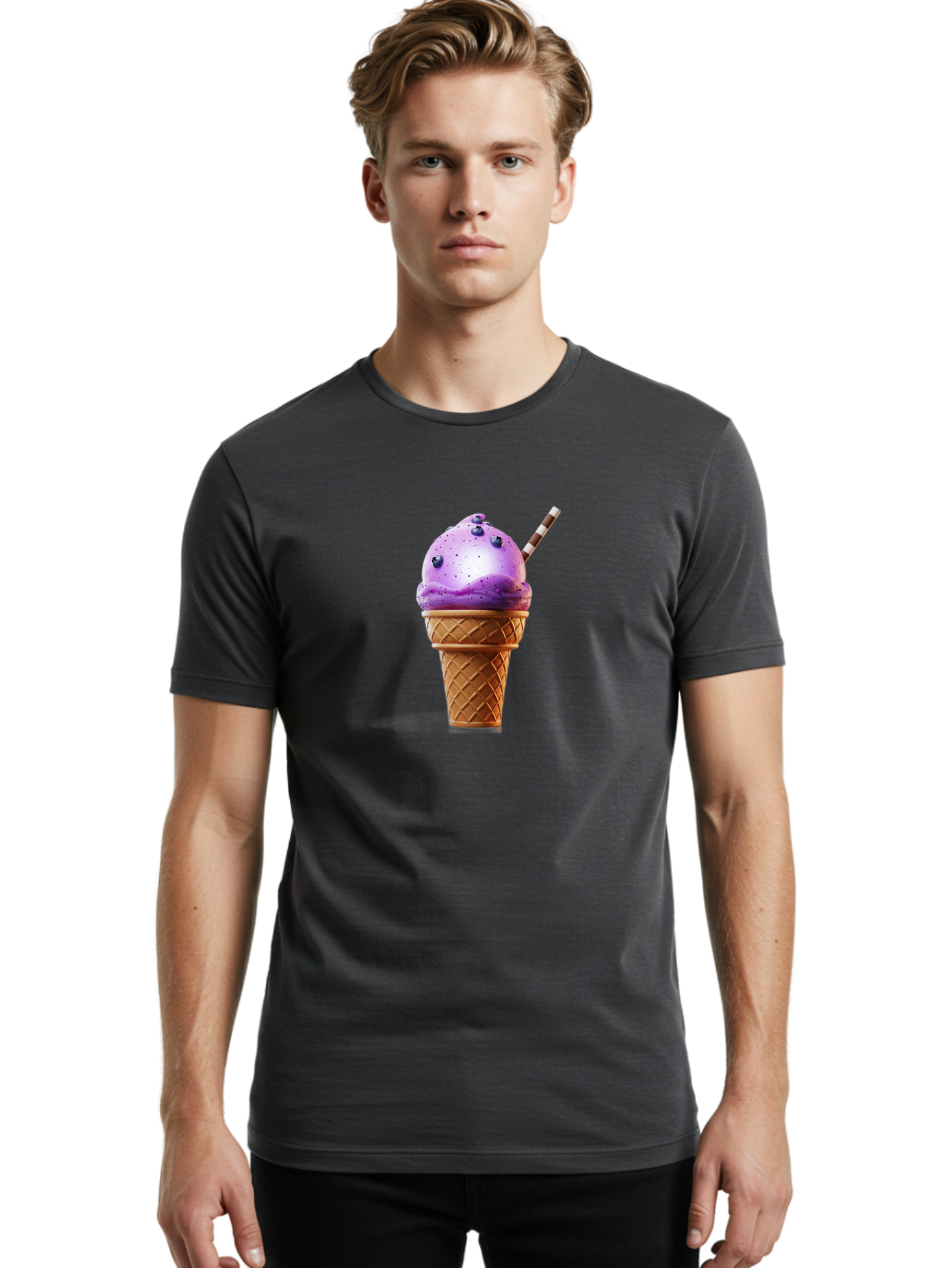 Purple-Ice-Cream-Cone Men'S Graphic Tee, 100% Cotton, Comfortable Casual Summer Wear, Machine Washable, Purple Ice Cream, Waffle Cone, Blueberry Topping, Striped Straw, Sweet Treat, Dessert, Cold Dessert, Creamy Texture, Frozen Yogurt Bab264