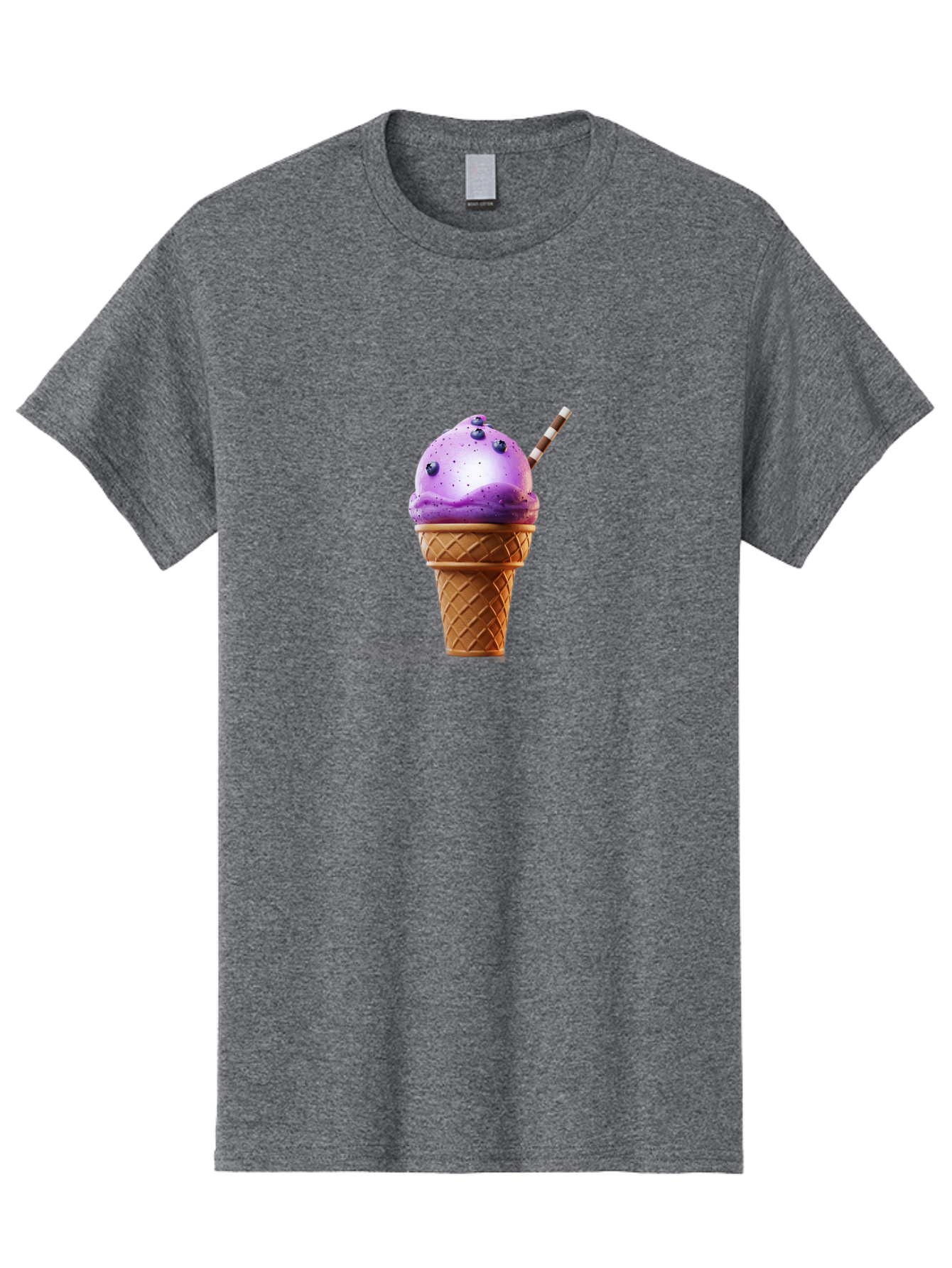 Purple-Ice-Cream-Cone Men'S Graphic Tee, 100% Cotton, Comfortable Casual Summer Wear, Machine Washable, Purple Ice Cream, Waffle Cone, Blueberry Topping, Striped Straw, Sweet Treat, Dessert, Cold Dessert, Creamy Texture, Frozen Yogurt Bab264
