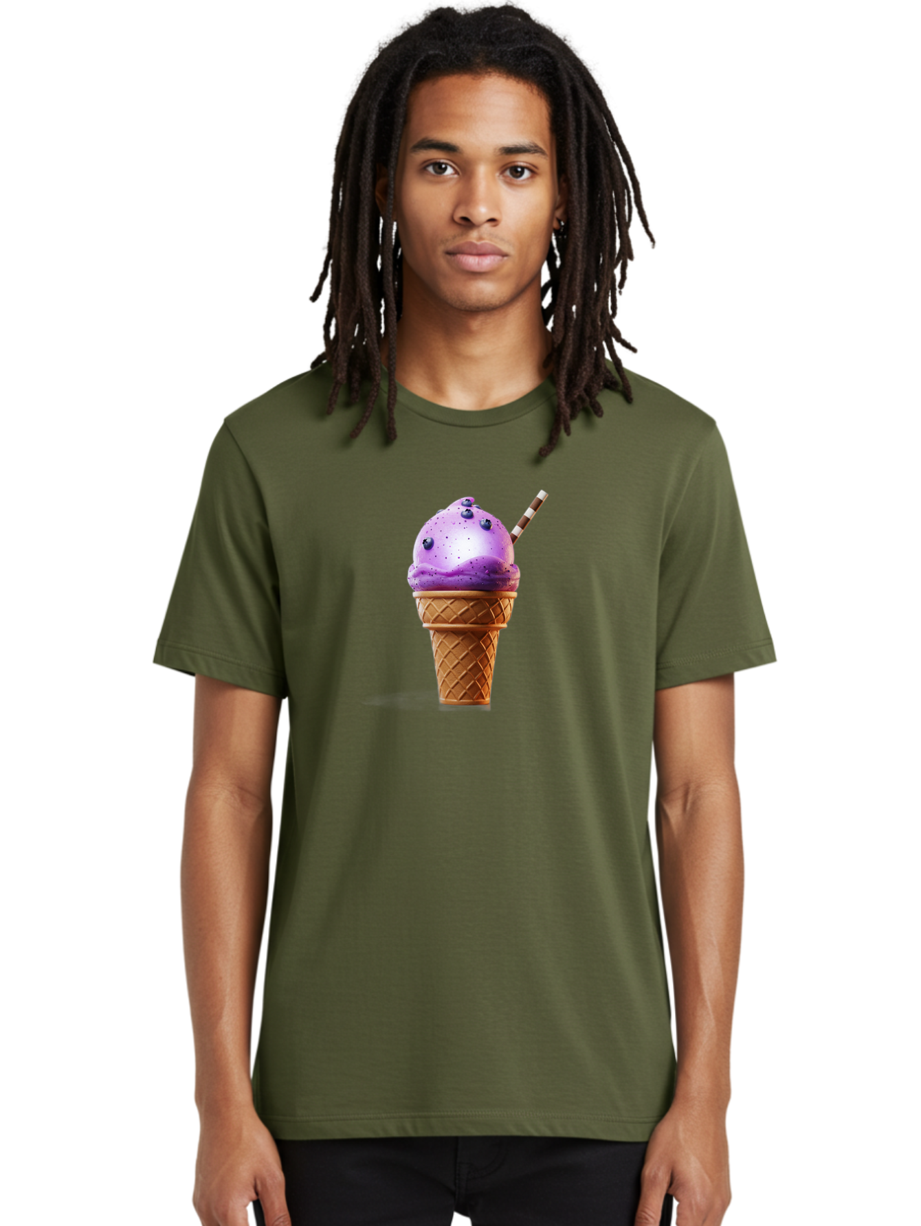 Purple-Ice-Cream-Cone Men'S Graphic Tee, 100% Cotton, Comfortable Casual Summer Wear, Machine Washable, Purple Ice Cream, Waffle Cone, Blueberry Topping, Striped Straw, Sweet Treat, Dessert, Cold Dessert, Creamy Texture, Frozen Yogurt Bab264