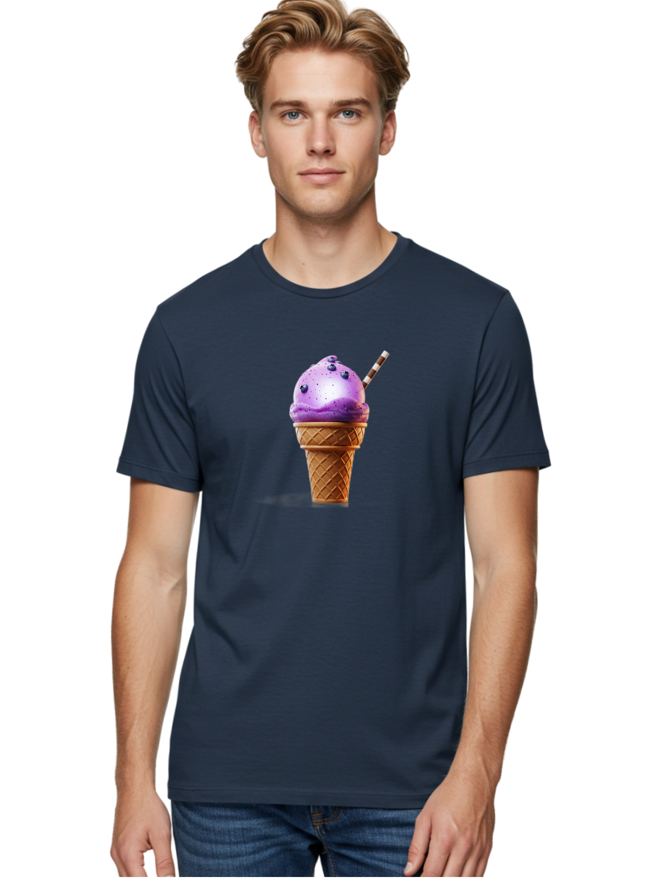 Purple-Ice-Cream-Cone Men'S Graphic Tee, 100% Cotton, Comfortable Casual Summer Wear, Machine Washable, Purple Ice Cream, Waffle Cone, Blueberry Topping, Striped Straw, Sweet Treat, Dessert, Cold Dessert, Creamy Texture, Frozen Yogurt Bab264