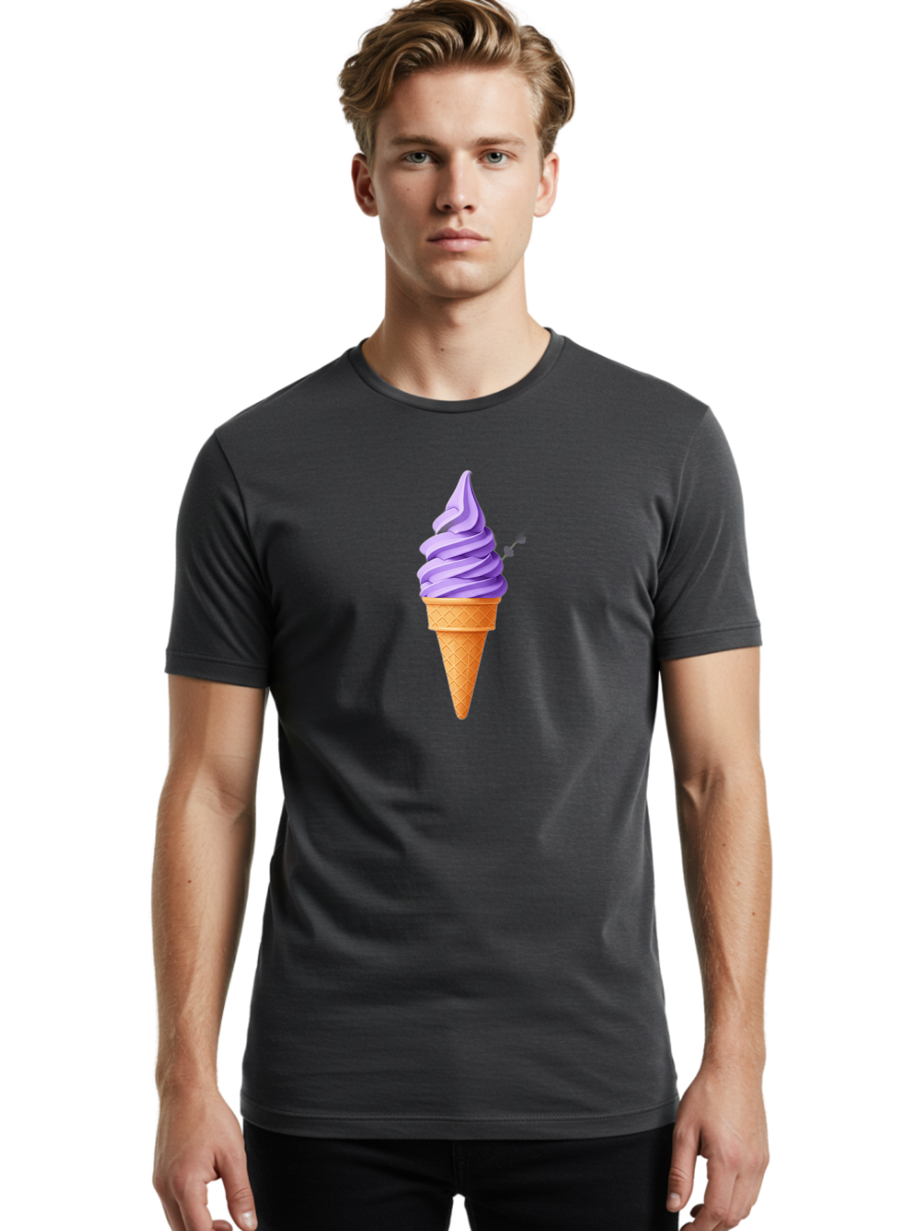 Purple-Ice-Cream Men'S Graphic Tee, 100% Cotton, Comfortable Casual Summer Wear, Machine Washable, Soft-Serve Ice Cream Cone, Purple Ice Cream, Waffle Cone, Sweet Treat, Frozen Dessert, Spiral Design, Summer Snack, Ice Cream Lover, Bab265