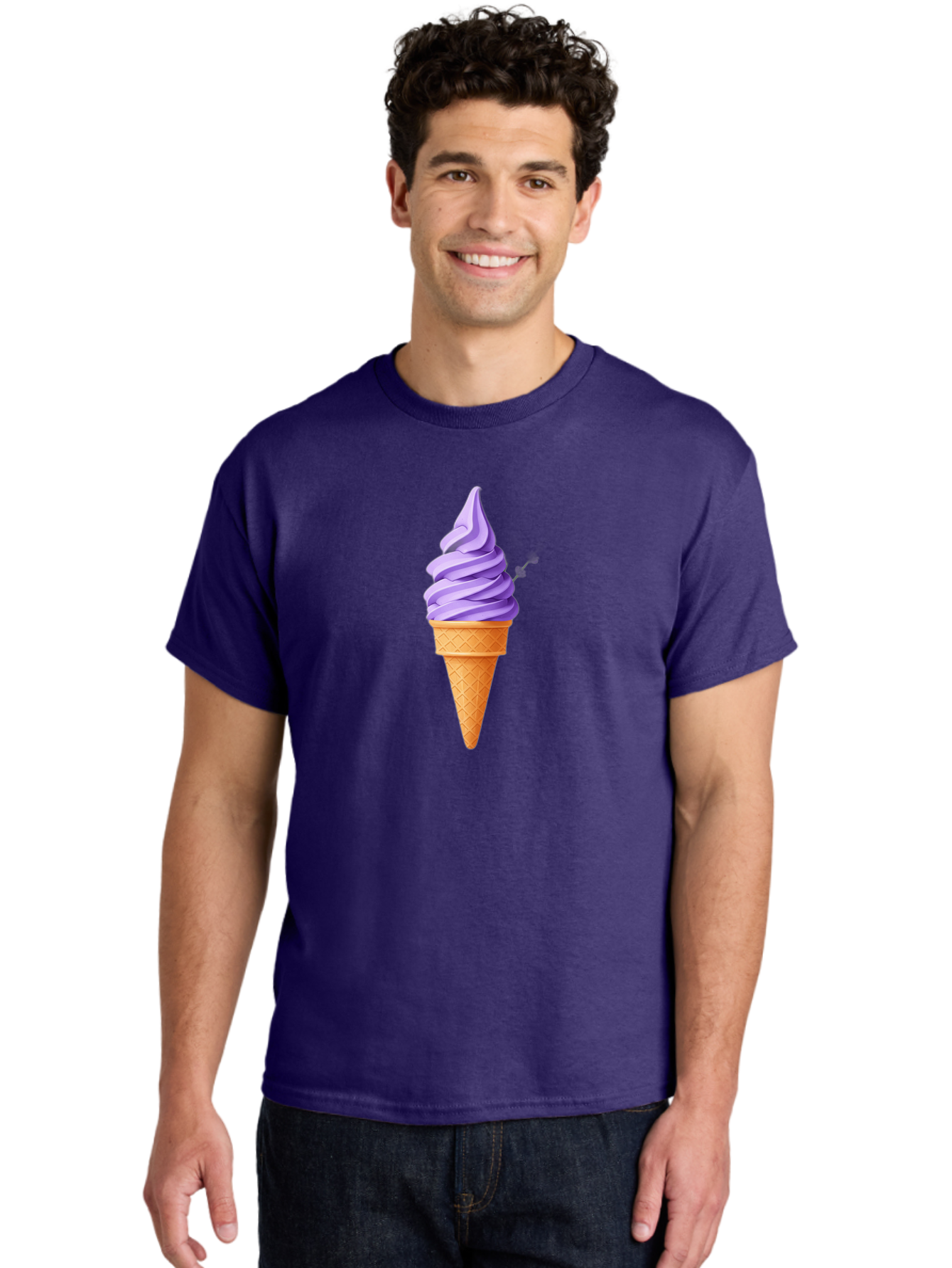 Purple-Ice-Cream Men'S Graphic Tee, 100% Cotton, Comfortable Casual Summer Wear, Machine Washable, Soft-Serve Ice Cream Cone, Purple Ice Cream, Waffle Cone, Sweet Treat, Frozen Dessert, Spiral Design, Summer Snack, Ice Cream Lover, Bab265