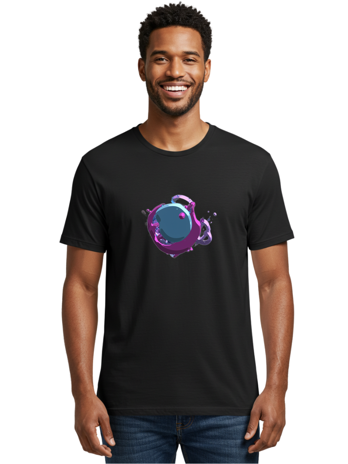 Purple-Liquid-Sphere Men'S Graphic Tee, 100% Cotton, Comfortable Casual Summer Wear, Machine Washable, Molten Sphere, 3D Rendering, Purple Color Scheme, Abstract Art, Liquid Metal, Futuristic Design, Digital Artwork, Modern Graphics Bab266