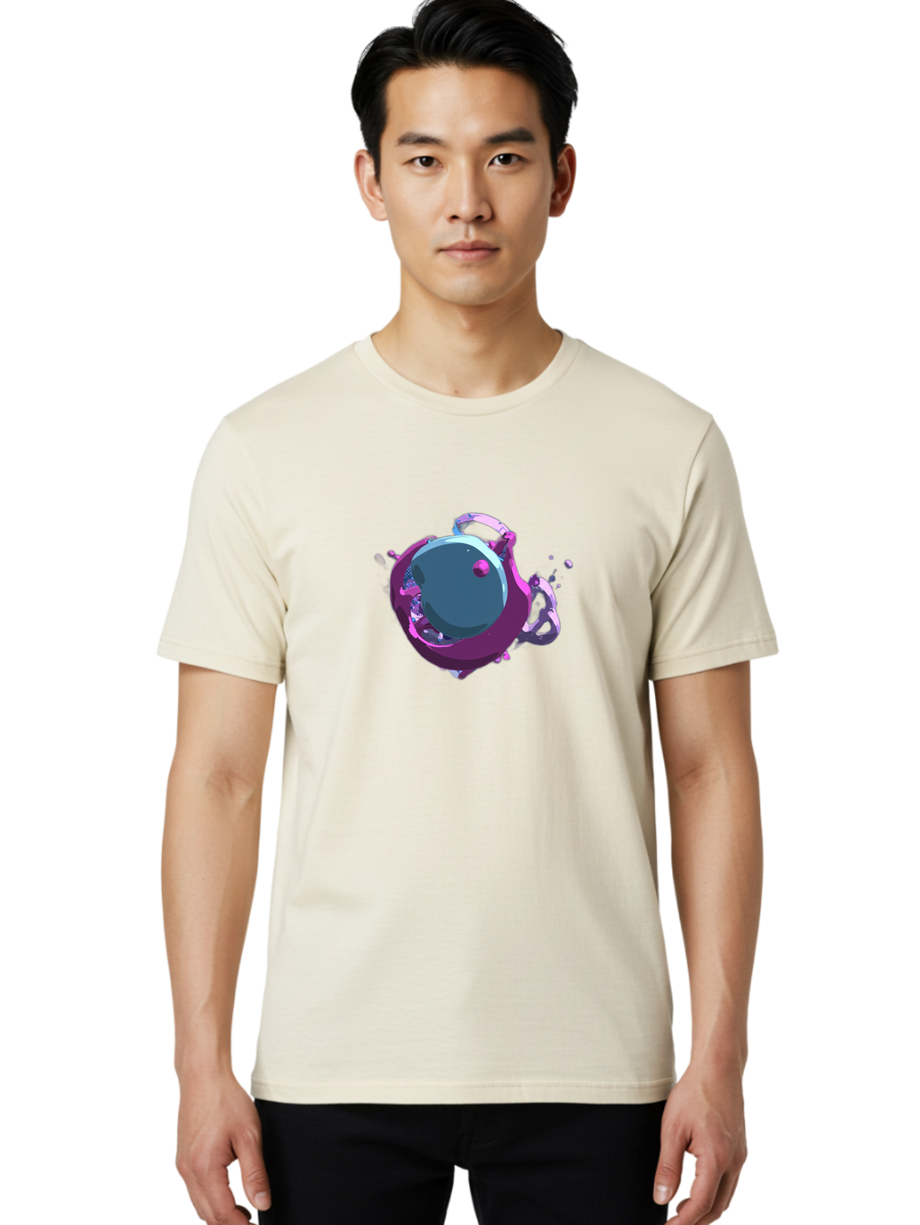 Purple-Liquid-Sphere Men'S Graphic Tee, 100% Cotton, Comfortable Casual Summer Wear, Machine Washable, Molten Sphere, 3D Rendering, Purple Color Scheme, Abstract Art, Liquid Metal, Futuristic Design, Digital Artwork, Modern Graphics Bab266