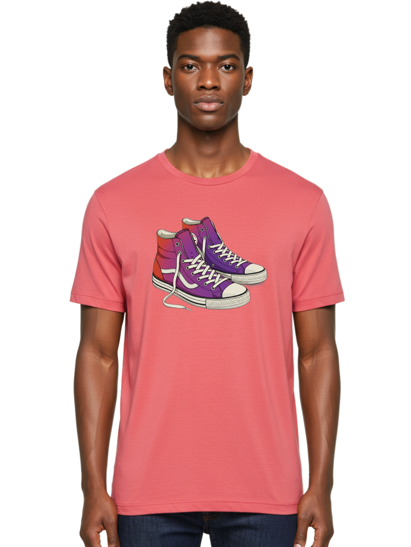 Purple-Sneakers Men'S Graphic Tee, 100% Cotton, Comfortable Casual Summer Wear, Machine Washable, Purple Sneakers, High-Top Shoes, White Laces, Canvas Sneakers, Fashion Footwear, Ombre Effect, Red To Purple Gradient Bab267
