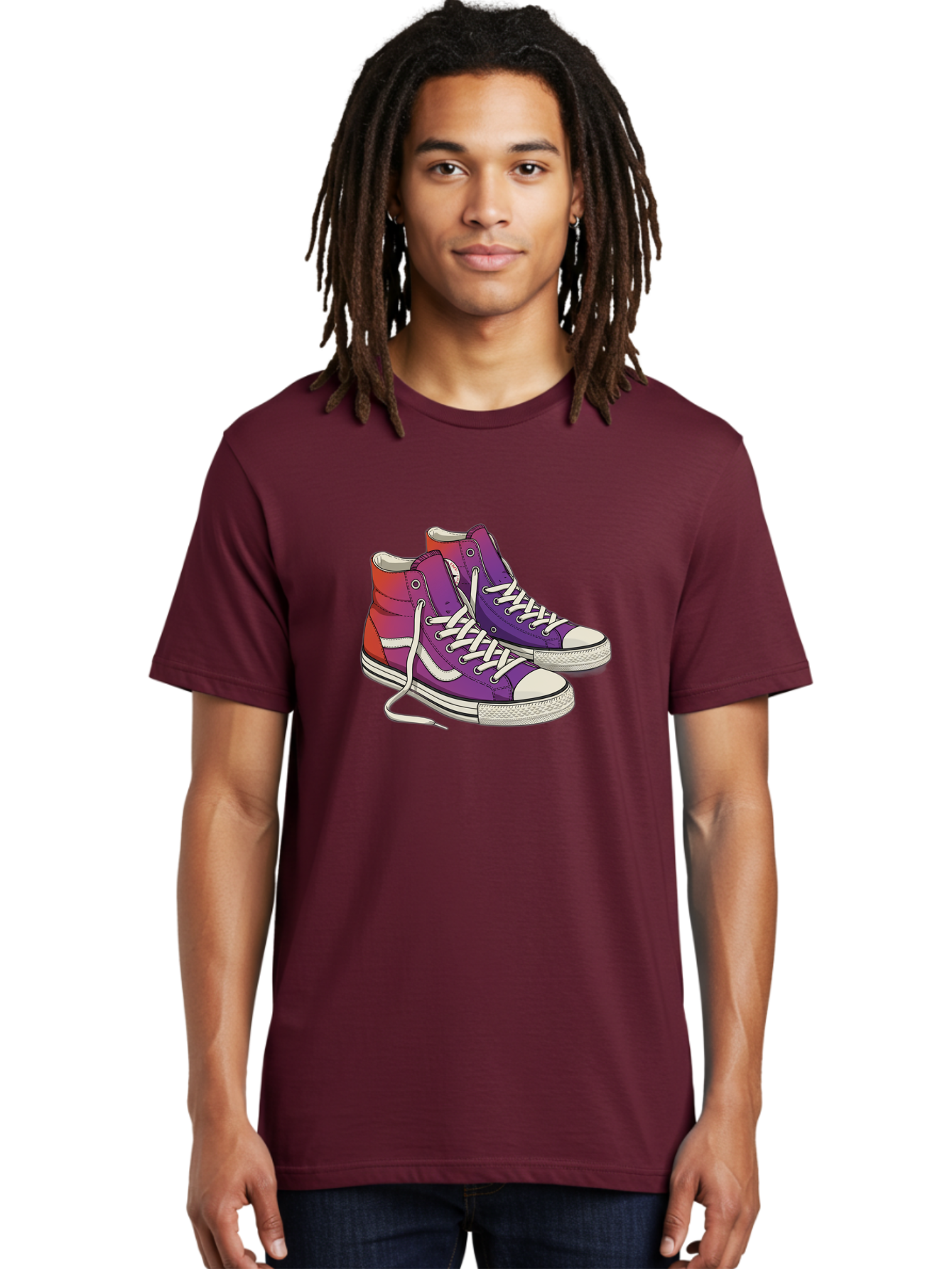 Purple-Sneakers Men'S Graphic Tee, 100% Cotton, Comfortable Casual Summer Wear, Machine Washable, Purple Sneakers, High-Top Shoes, White Laces, Canvas Sneakers, Fashion Footwear, Ombre Effect, Red To Purple Gradient Bab267