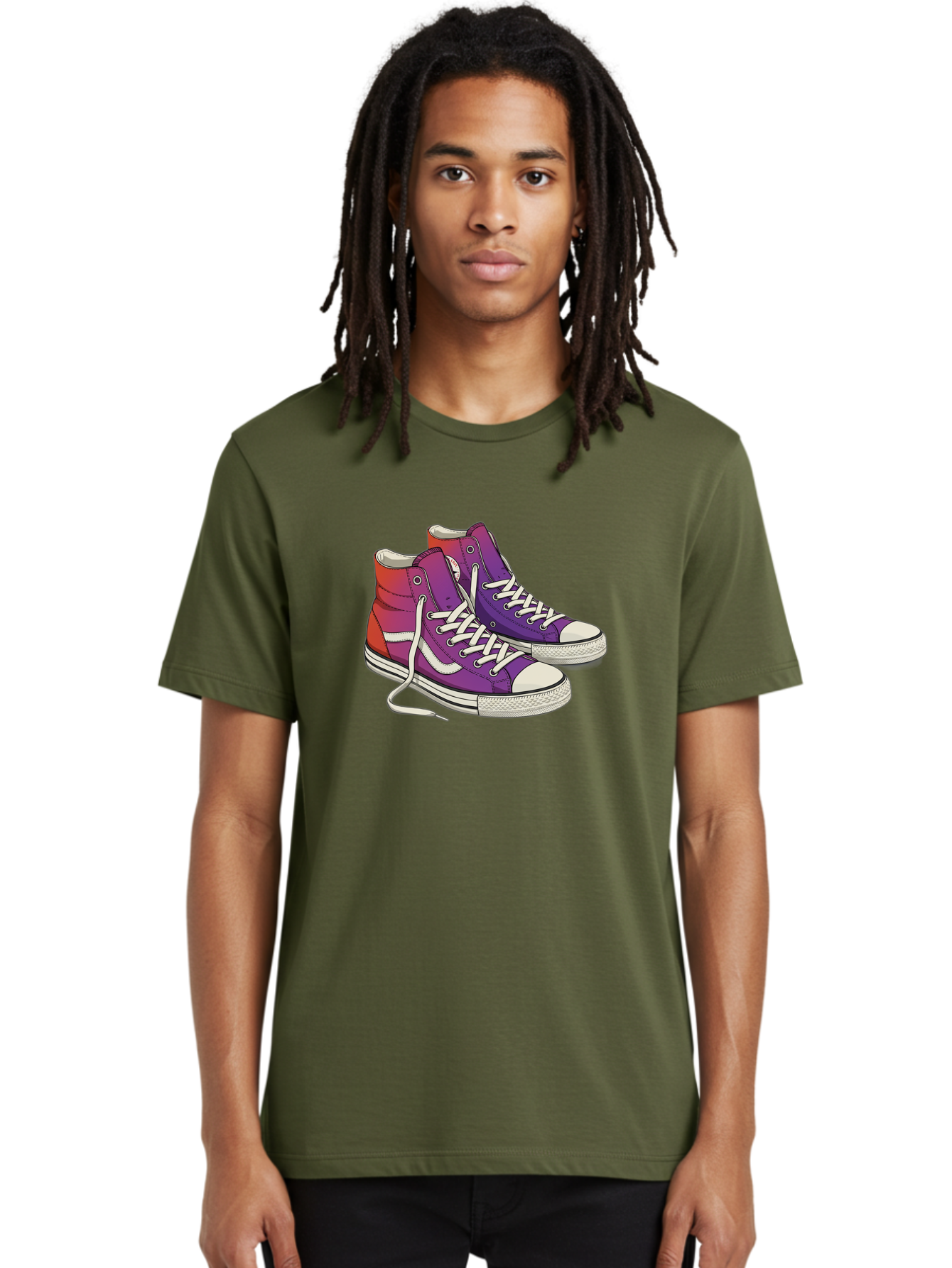 Purple-Sneakers Men'S Graphic Tee, 100% Cotton, Comfortable Casual Summer Wear, Machine Washable, Purple Sneakers, High-Top Shoes, White Laces, Canvas Sneakers, Fashion Footwear, Ombre Effect, Red To Purple Gradient Bab267