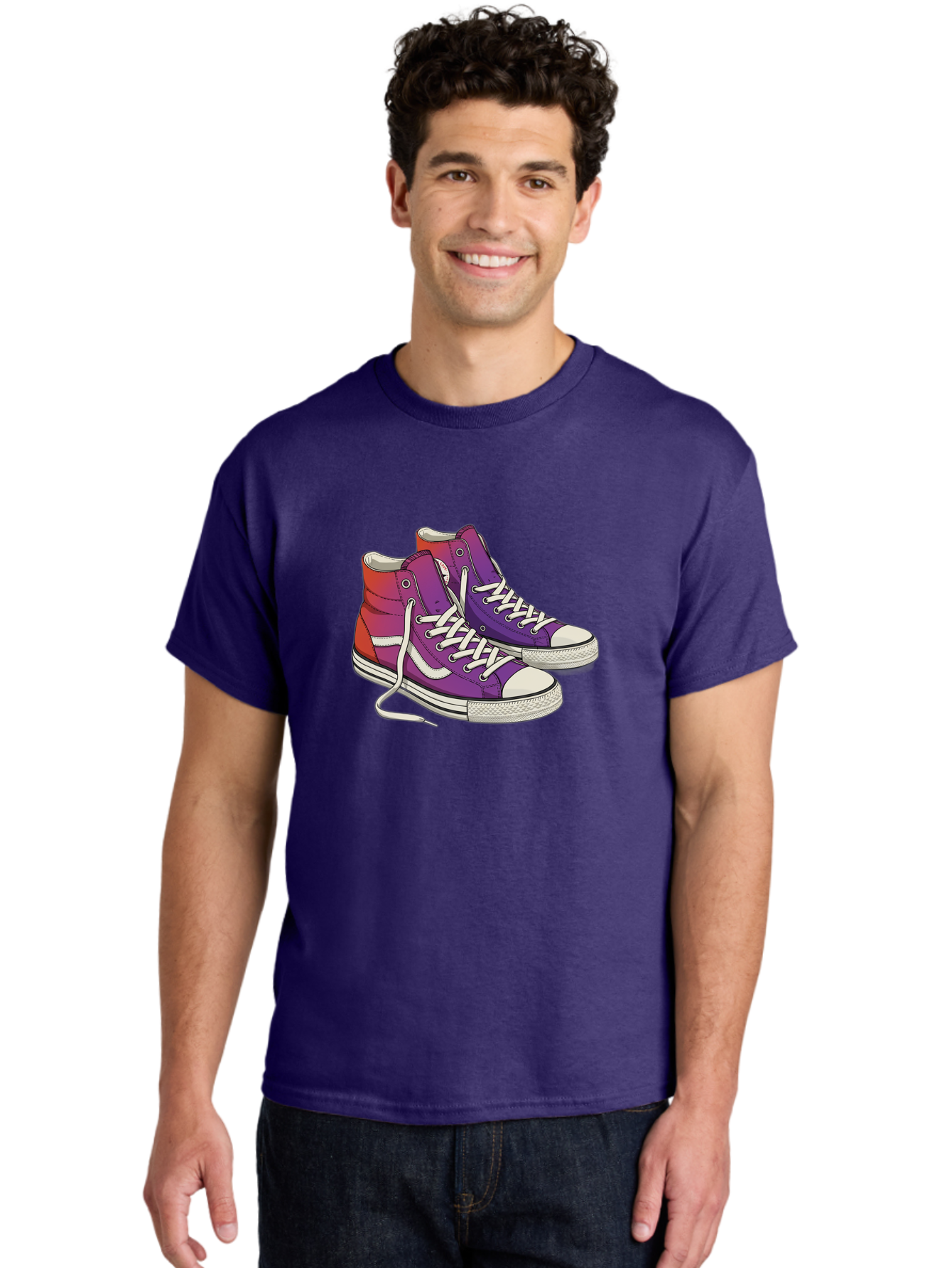 Purple-Sneakers Men'S Graphic Tee, 100% Cotton, Comfortable Casual Summer Wear, Machine Washable, Purple Sneakers, High-Top Shoes, White Laces, Canvas Sneakers, Fashion Footwear, Ombre Effect, Red To Purple Gradient Bab267