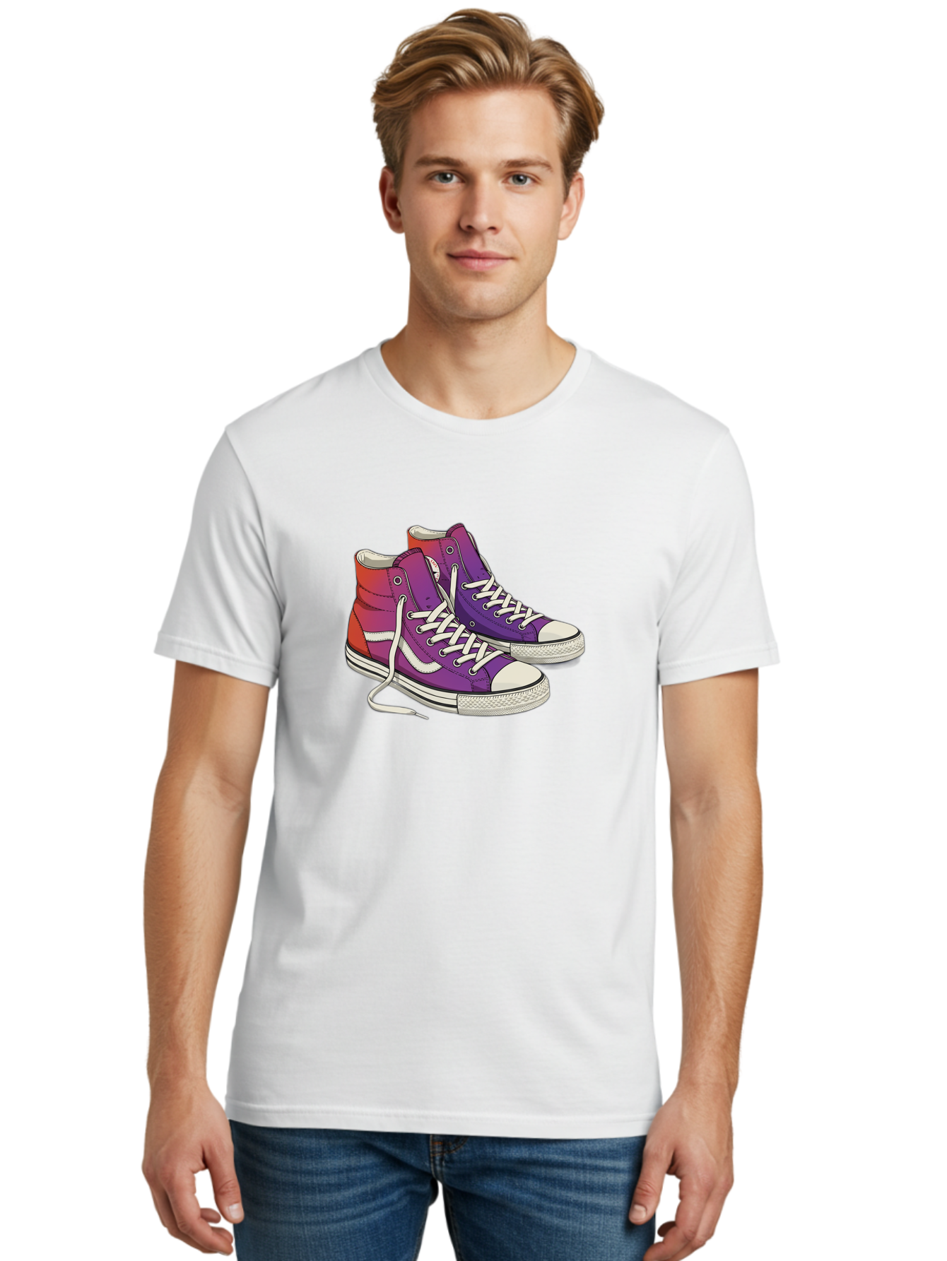 Purple-Sneakers Men'S Graphic Tee, 100% Cotton, Comfortable Casual Summer Wear, Machine Washable, Purple Sneakers, High-Top Shoes, White Laces, Canvas Sneakers, Fashion Footwear, Ombre Effect, Red To Purple Gradient Bab267