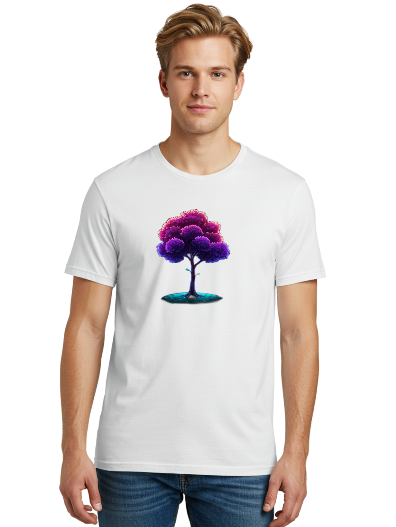 Purple-Tree Men'S Graphic Tee, 100% Cotton, Comfortable Casual Summer Wear, Machine Washable, Purple Tree, Colorful Tree, Vibrant Foliage, Digital Art, Fantasy Tree, Artistic Representation, Nature-Inspired Graphics, Gradient Colors, Bab268