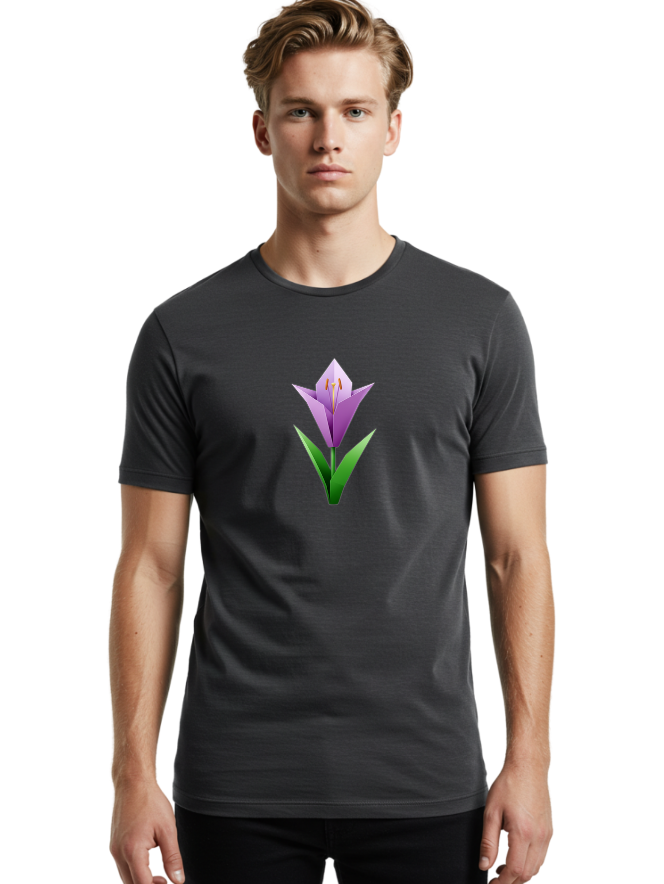 Purple-Tulip Men'S Graphic Tee, 100% Cotton, Comfortable Casual Summer Wear, Machine Washable, Origami Tulip, Purple Flower, Green Leaves, Papercraft Art, Minimalist Design, 3D Model, Floral Illustration, Creative Artwork, Tulip Icon Bab269