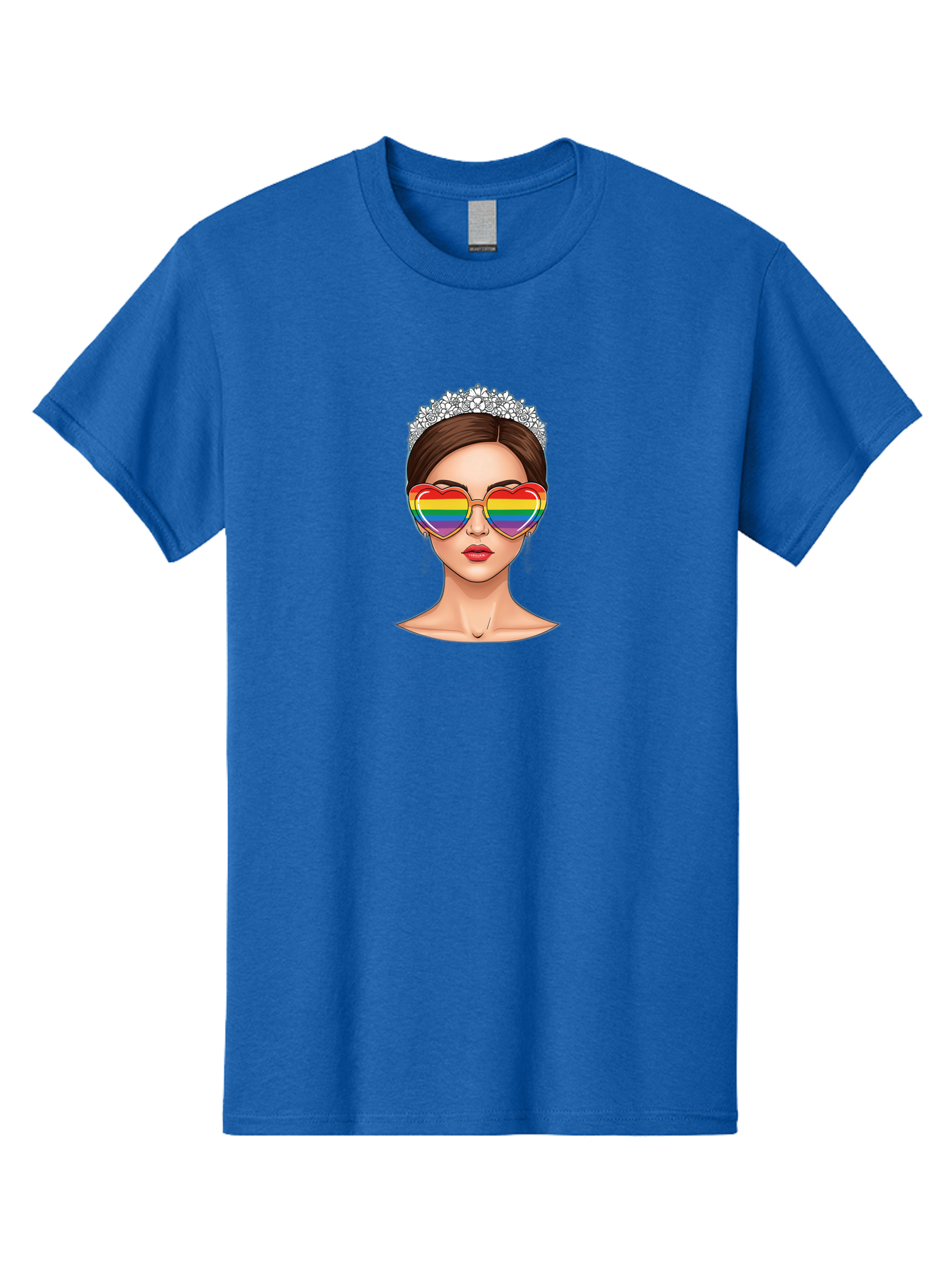 Queen-Of-Pride Men'S Graphic Tee, 100% Cotton, Comfortable Casual Summer Wear, Machine Washable, Heart-Shaped Sunglasses, Rainbow Colors, Lgbtq+ Pride, Glamorous Look, Tiara, Fashionable Accessories, Bold Statement, Rainbow Shades, Bab271