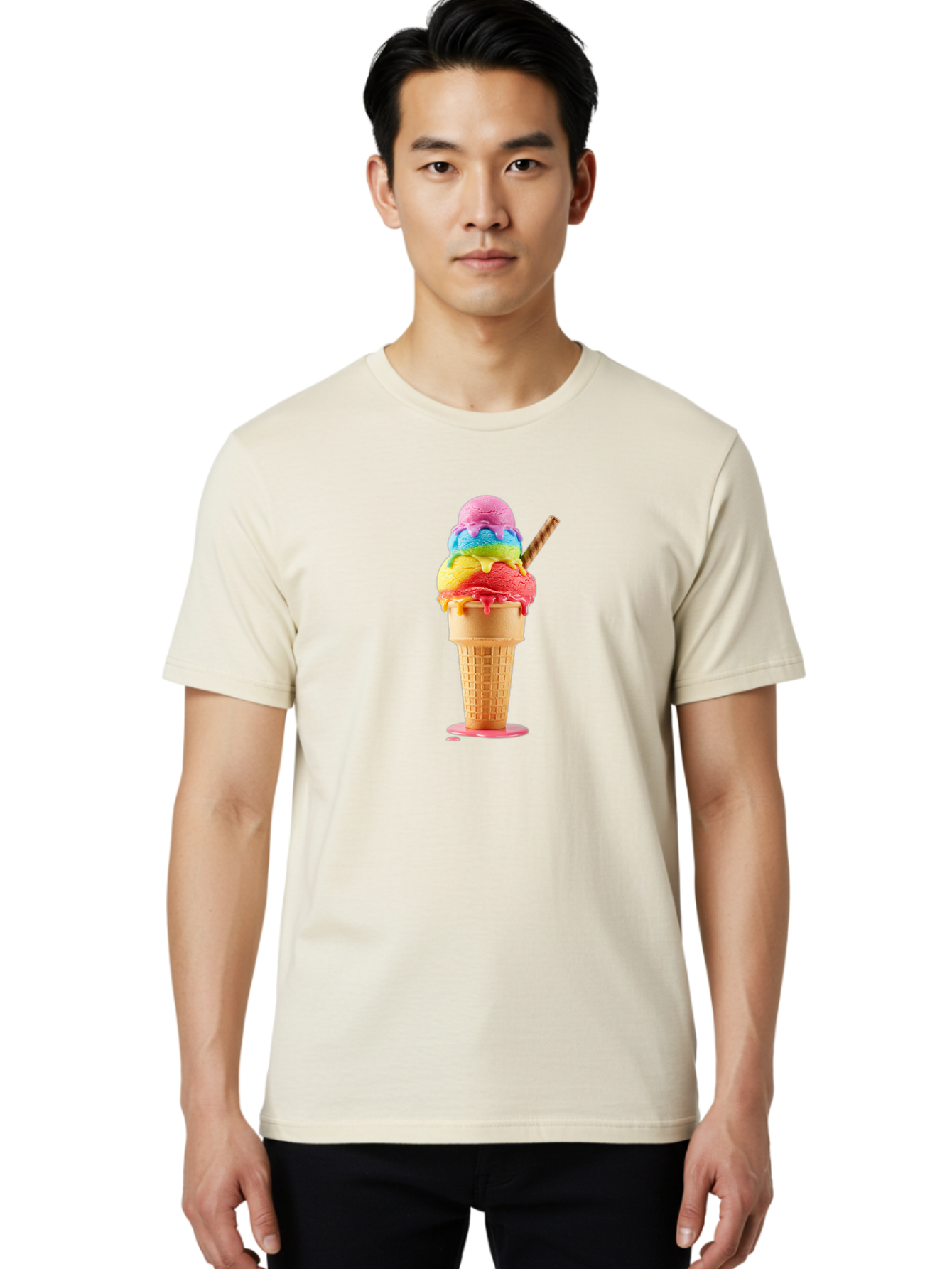 Rainbow-Ice-Cream Men'S Graphic Tee, 100% Cotton, Comfortable Casual Summer Wear, Machine Washable, Rainbow Ice Cream, Colorful Dessert, Sweet Treats, Multi-Colored Ice Cream, Waffle Cone, Dripping Ice Cream, Colorful Scoop, Tasty, Bab274